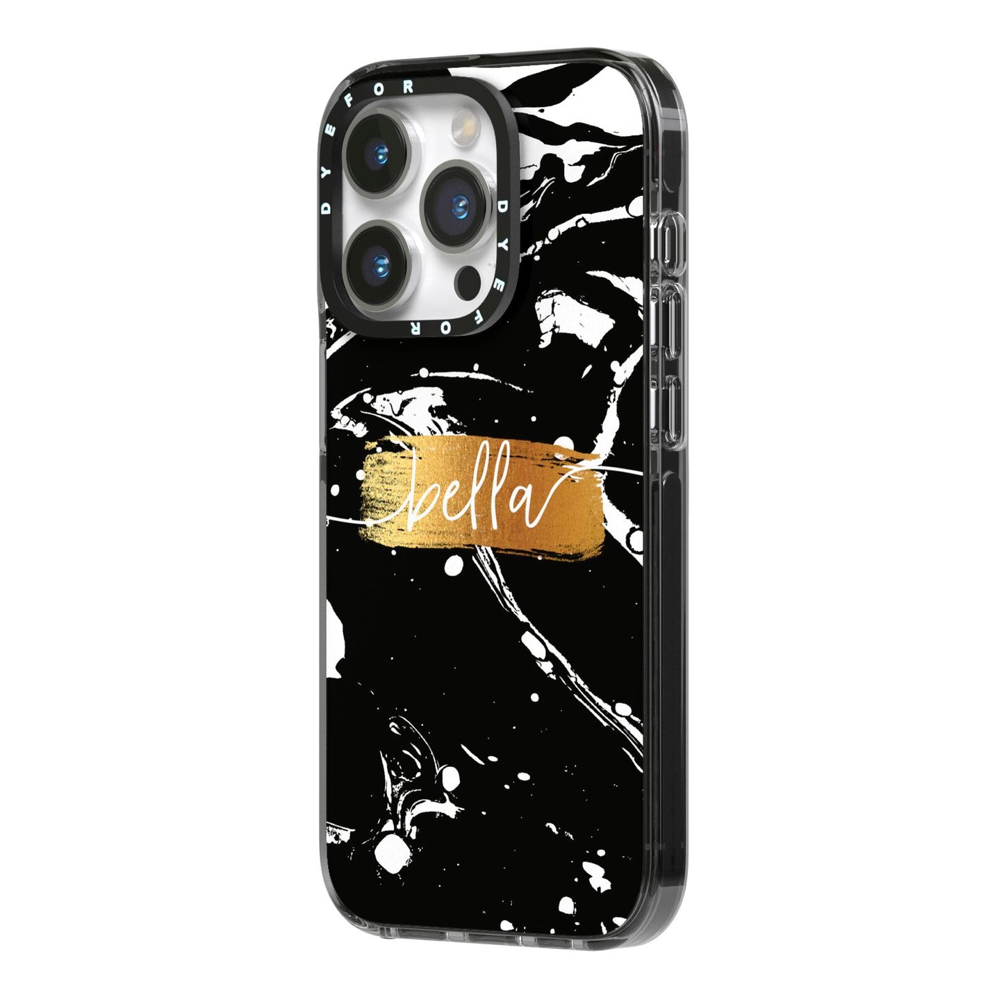 Personalised Black Gold Swirl Marble iPhone 14 Pro Black Impact Case Side Angle on Silver phone