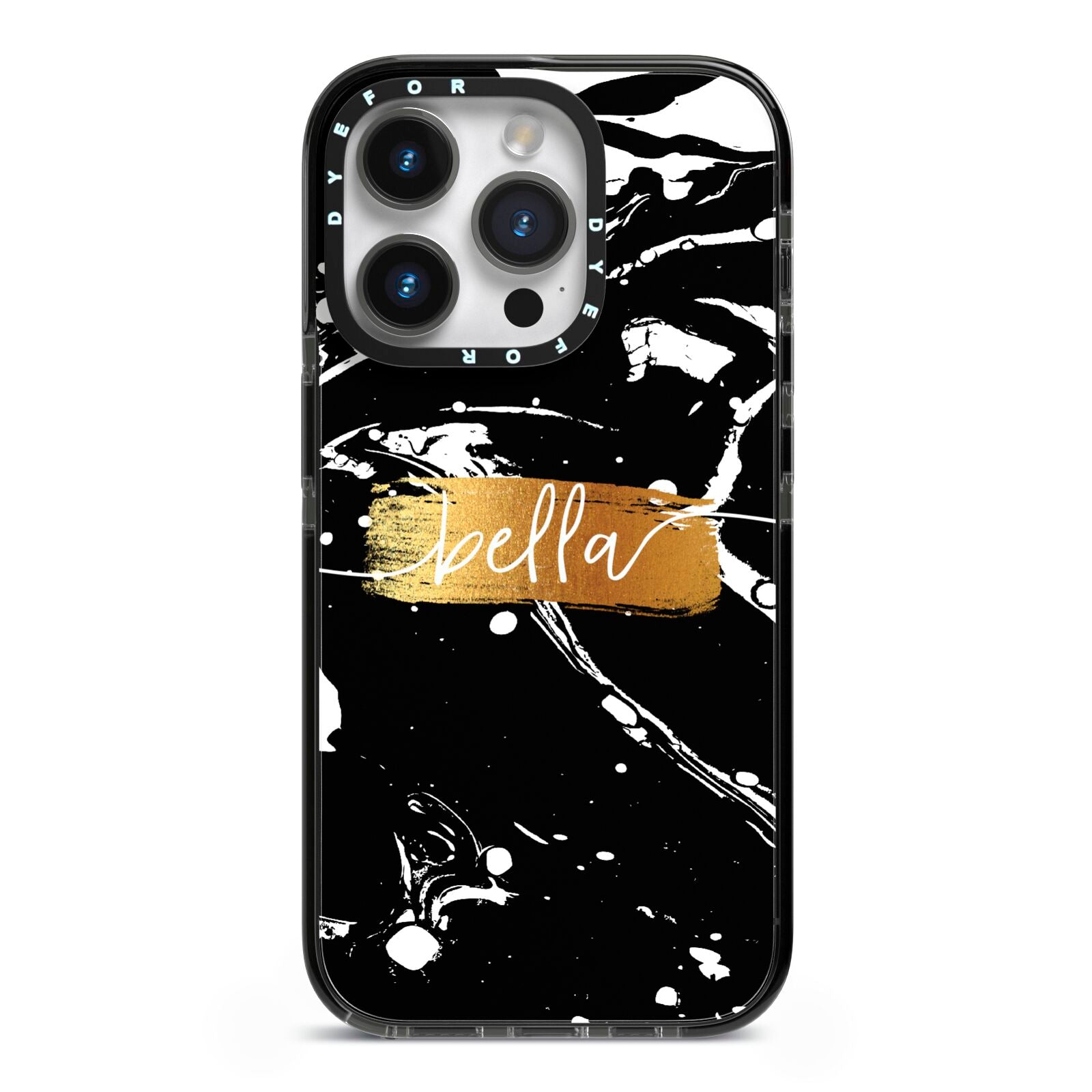 Personalised Black Gold Swirl Marble iPhone 14 Pro Black Impact Case on Silver phone