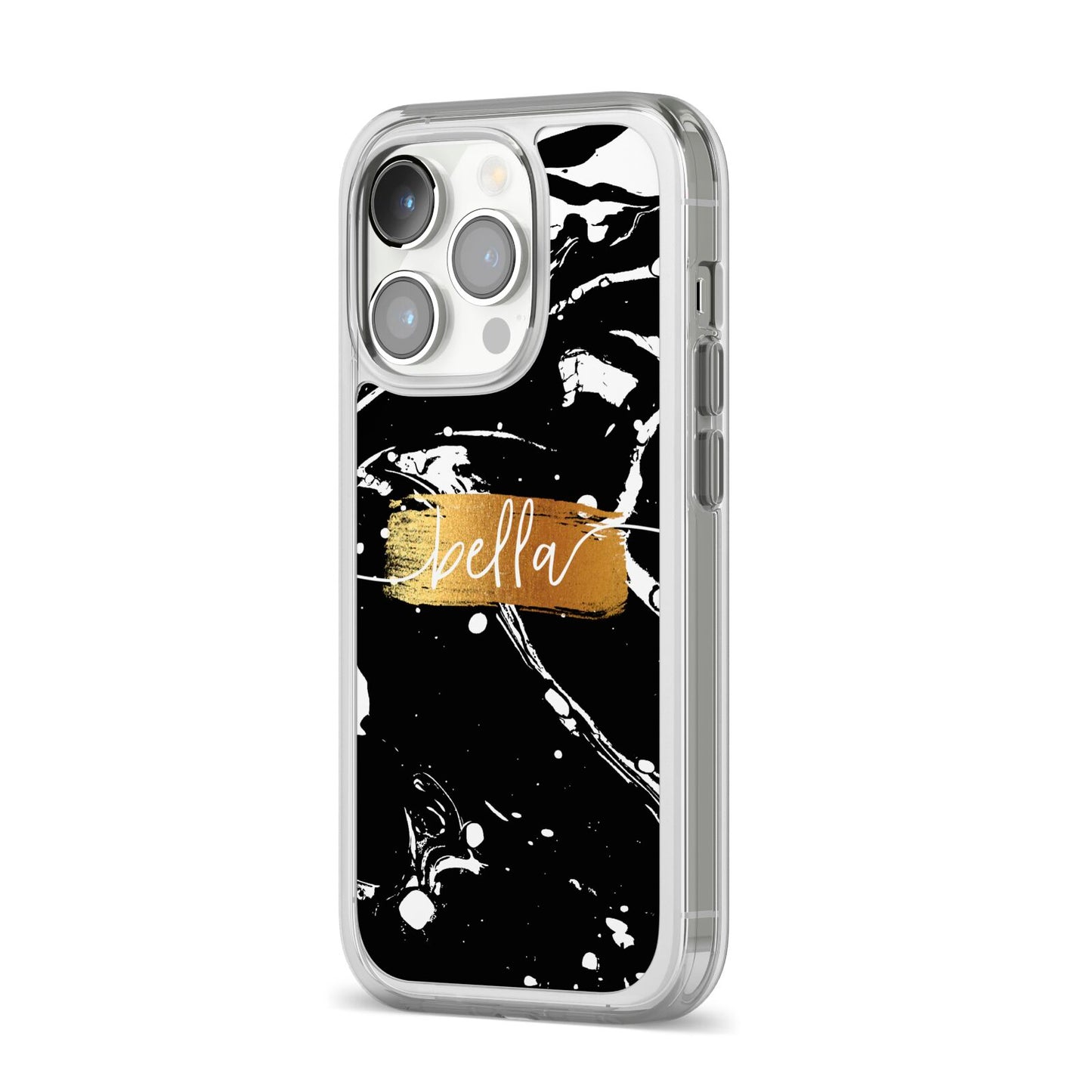 Personalised Black Gold Swirl Marble iPhone 14 Pro Clear Tough Case Silver Angled Image
