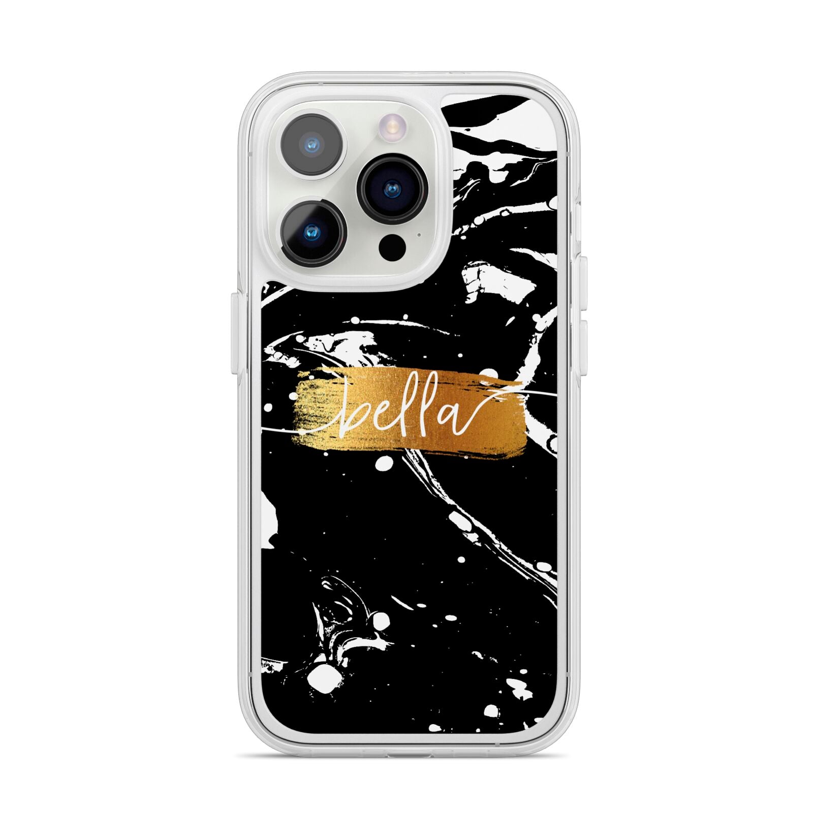 Personalised Black Gold Swirl Marble iPhone 14 Pro Clear Tough Case Silver