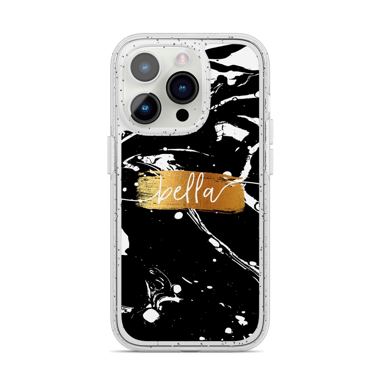 Personalised Black Gold Swirl Marble iPhone 14 Pro Glitter Tough Case Silver