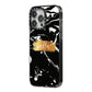 Personalised Black Gold Swirl Marble iPhone 14 Pro Max Black Impact Case Side Angle on Silver phone