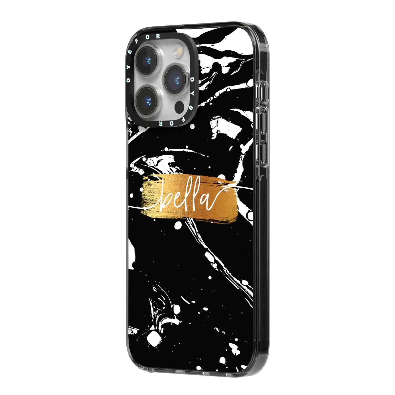 Personalised Black Gold Swirl Marble iPhone 14 Pro Max Black Impact Case Side Angle on Silver phone