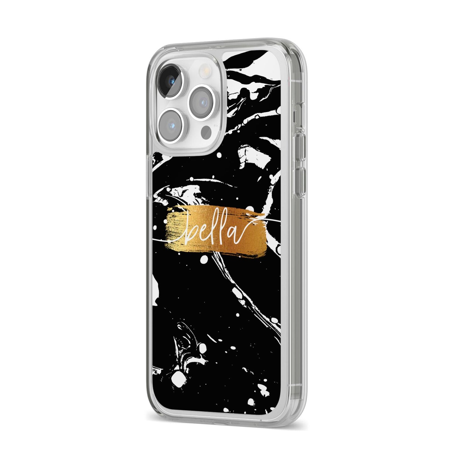 Personalised Black Gold Swirl Marble iPhone 14 Pro Max Clear Tough Case Silver Angled Image