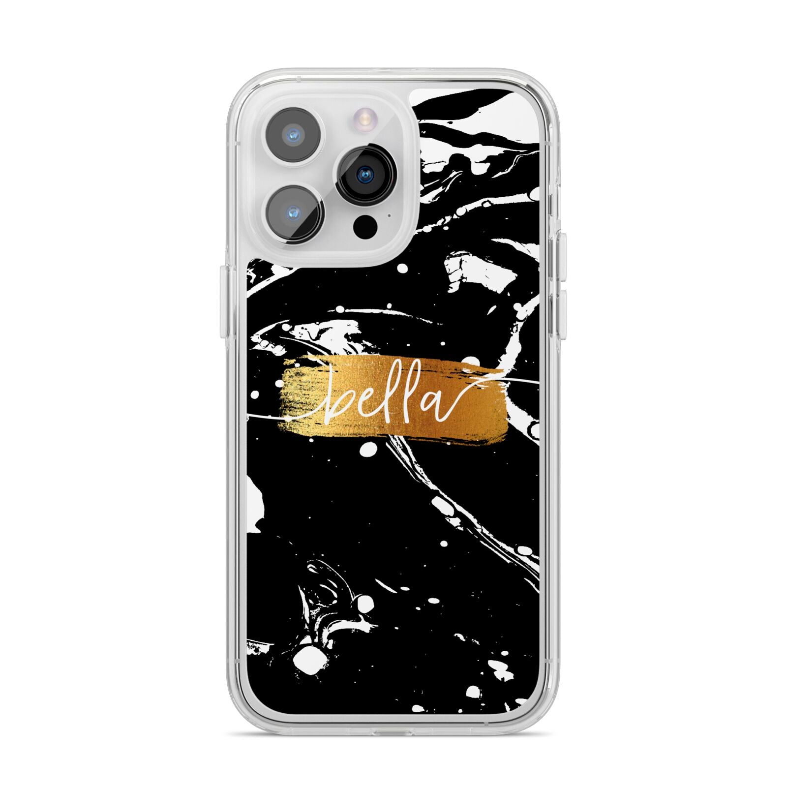 Personalised Black Gold Swirl Marble iPhone 14 Pro Max Clear Tough Case Silver