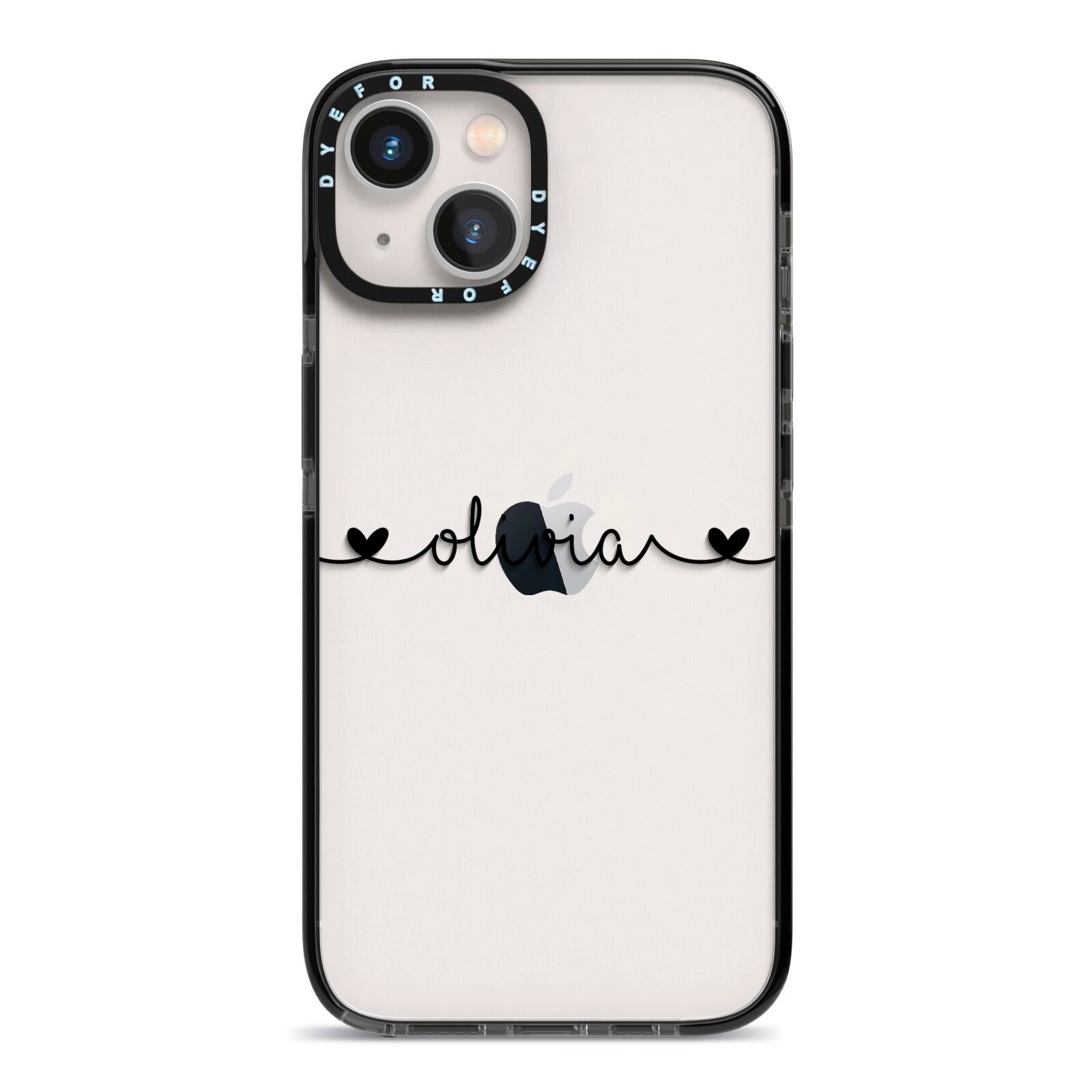 Personalised Black Handwritten Name Hearts Clear iPhone 13 Black Impact Case on Silver phone