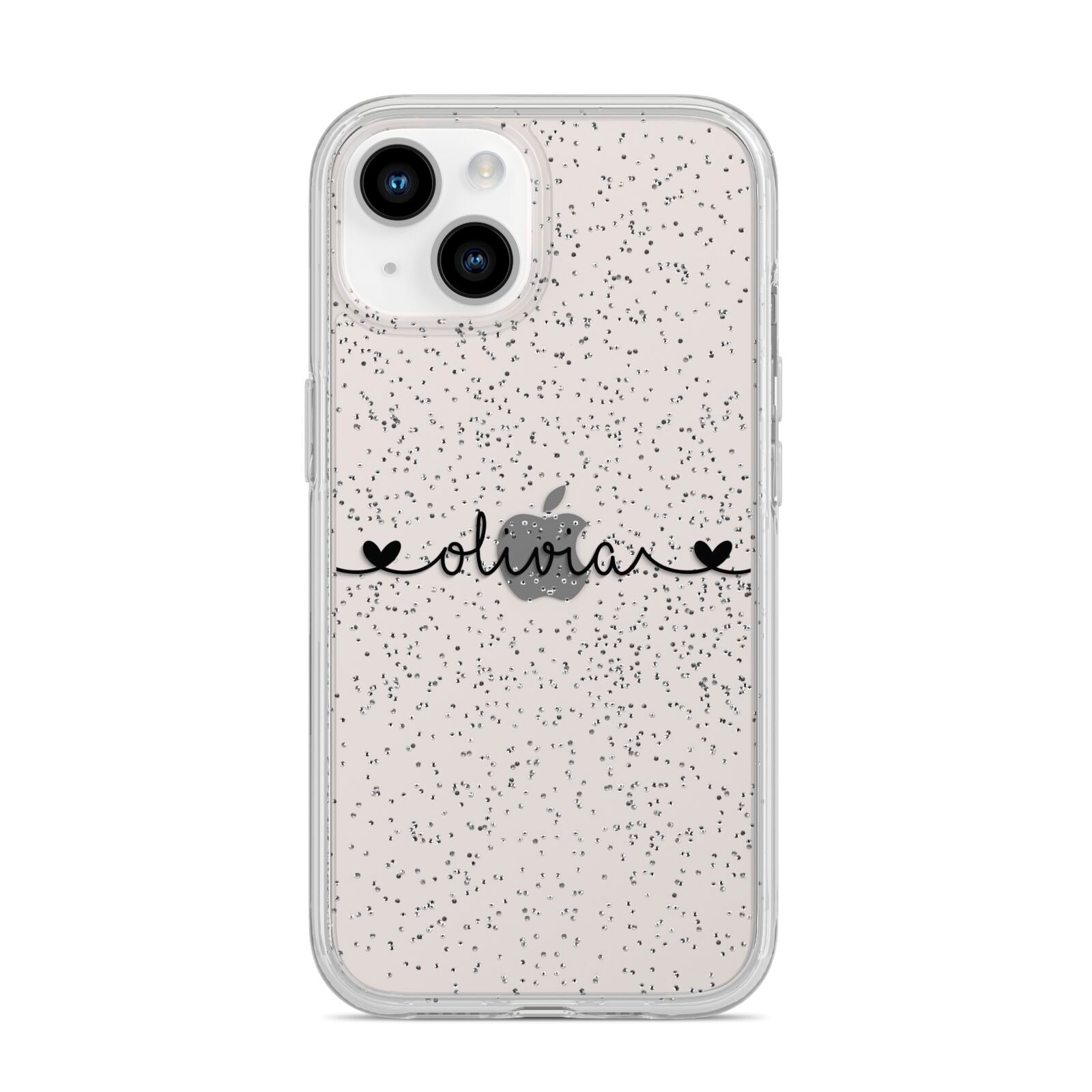 Personalised Black Handwritten Name Hearts Clear iPhone 14 Glitter Tough Case Starlight