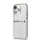 Personalised Black Handwritten Name Hearts Clear iPhone 14 Pro Glitter Tough Case Silver Angled Image