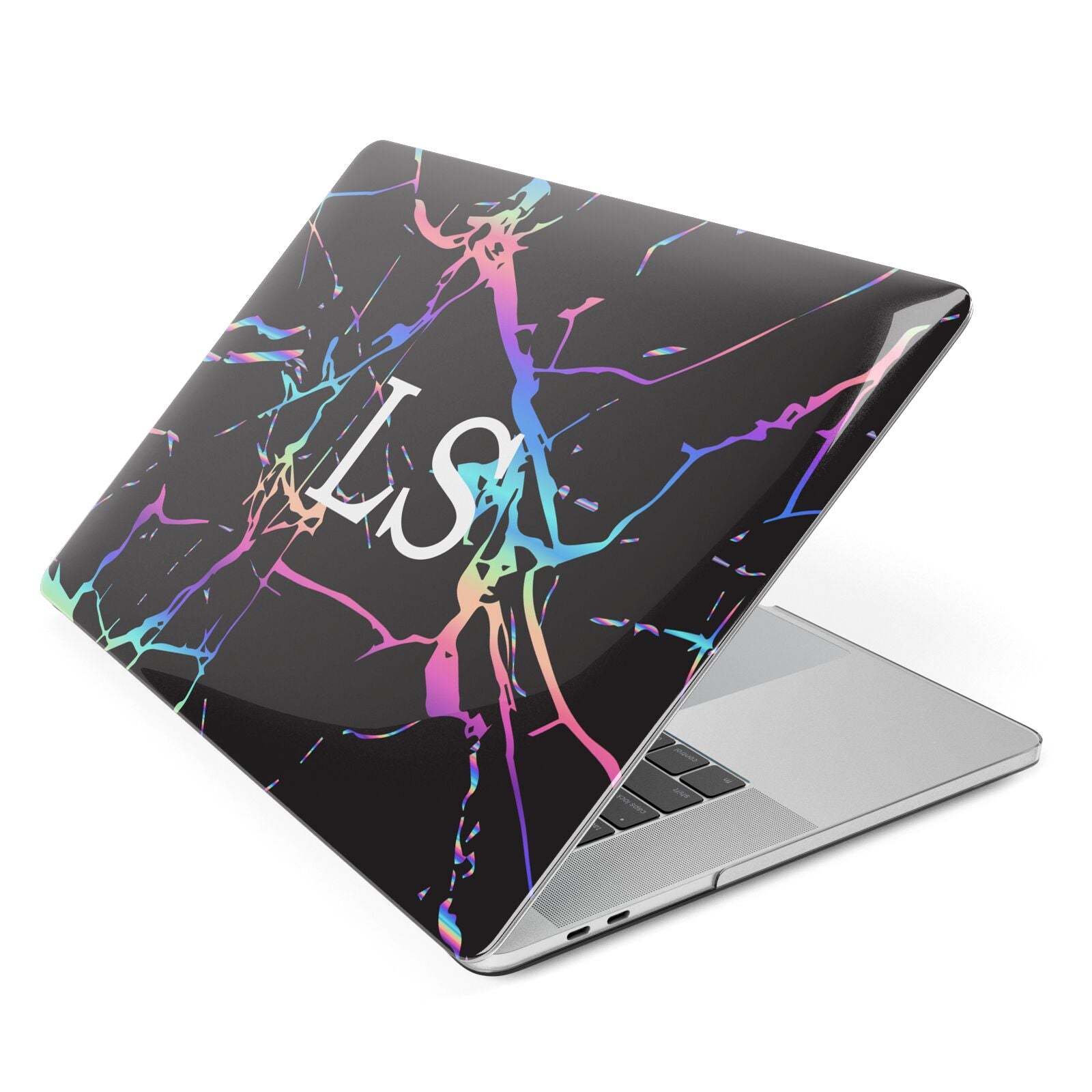 Personalised Black Holographic Marble Initials Apple MacBook Case Side View