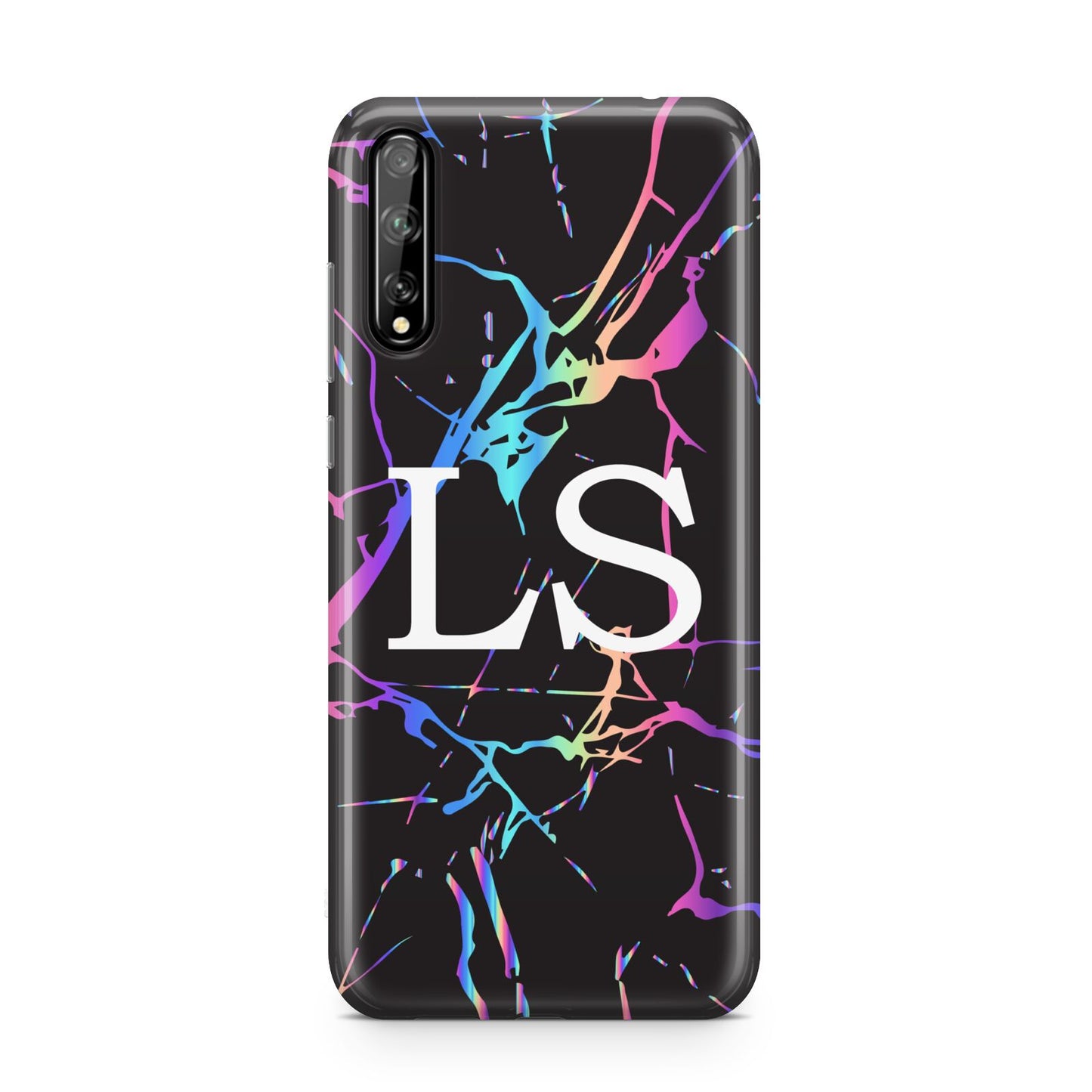 Personalised Black Holographic Marble Initials Huawei Enjoy 10s Phone Case