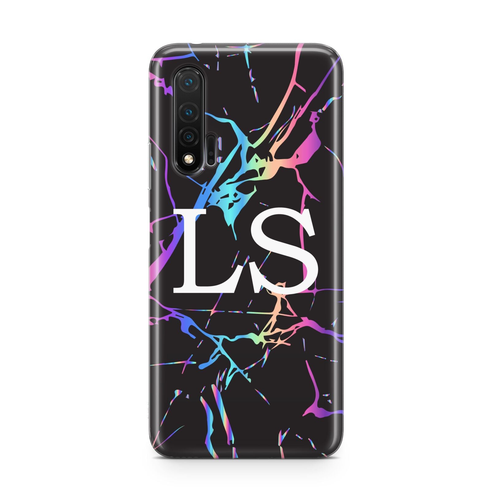 Personalised Black Holographic Marble Initials Huawei Nova 6 Phone Case