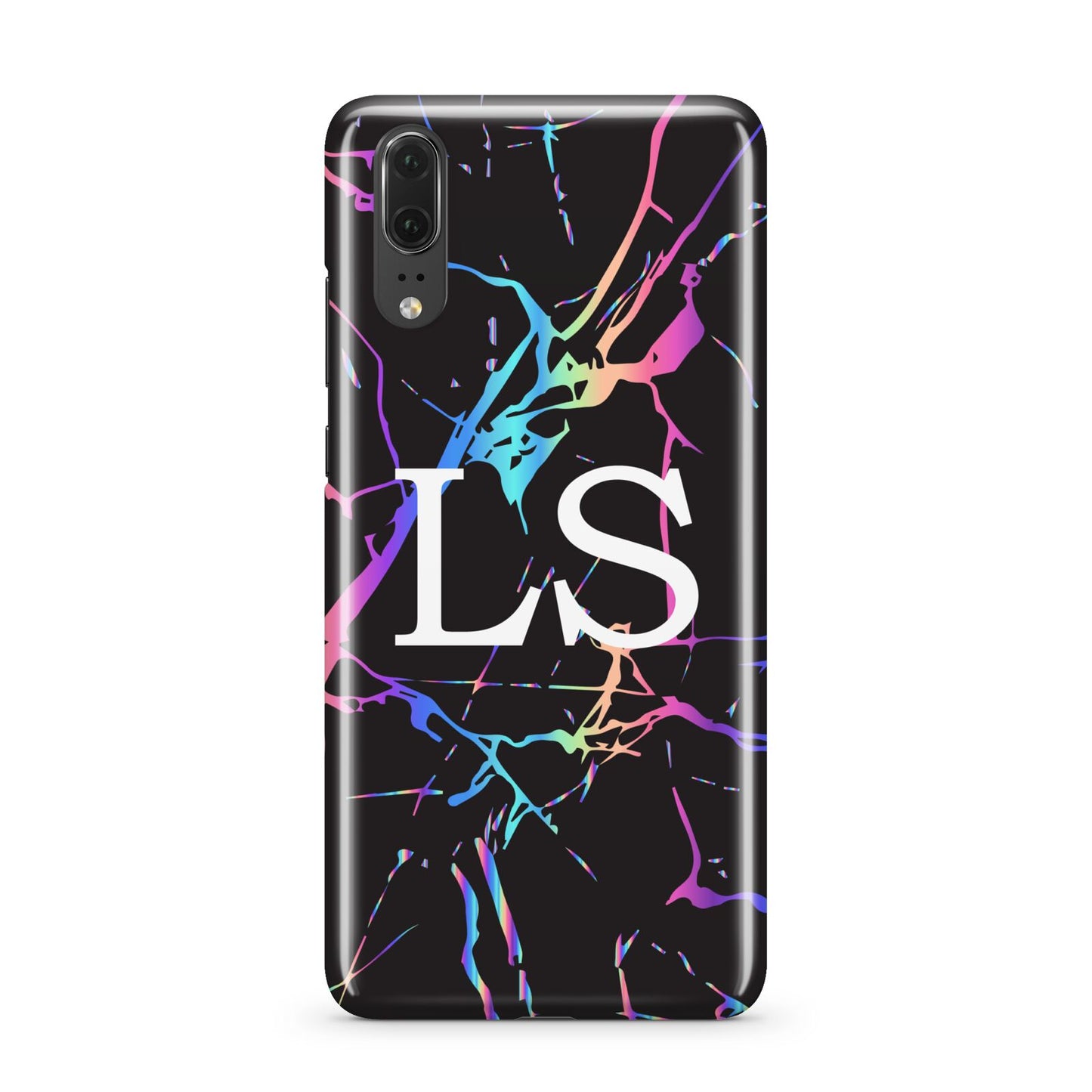 Personalised Black Holographic Marble Initials Huawei P20 Phone Case