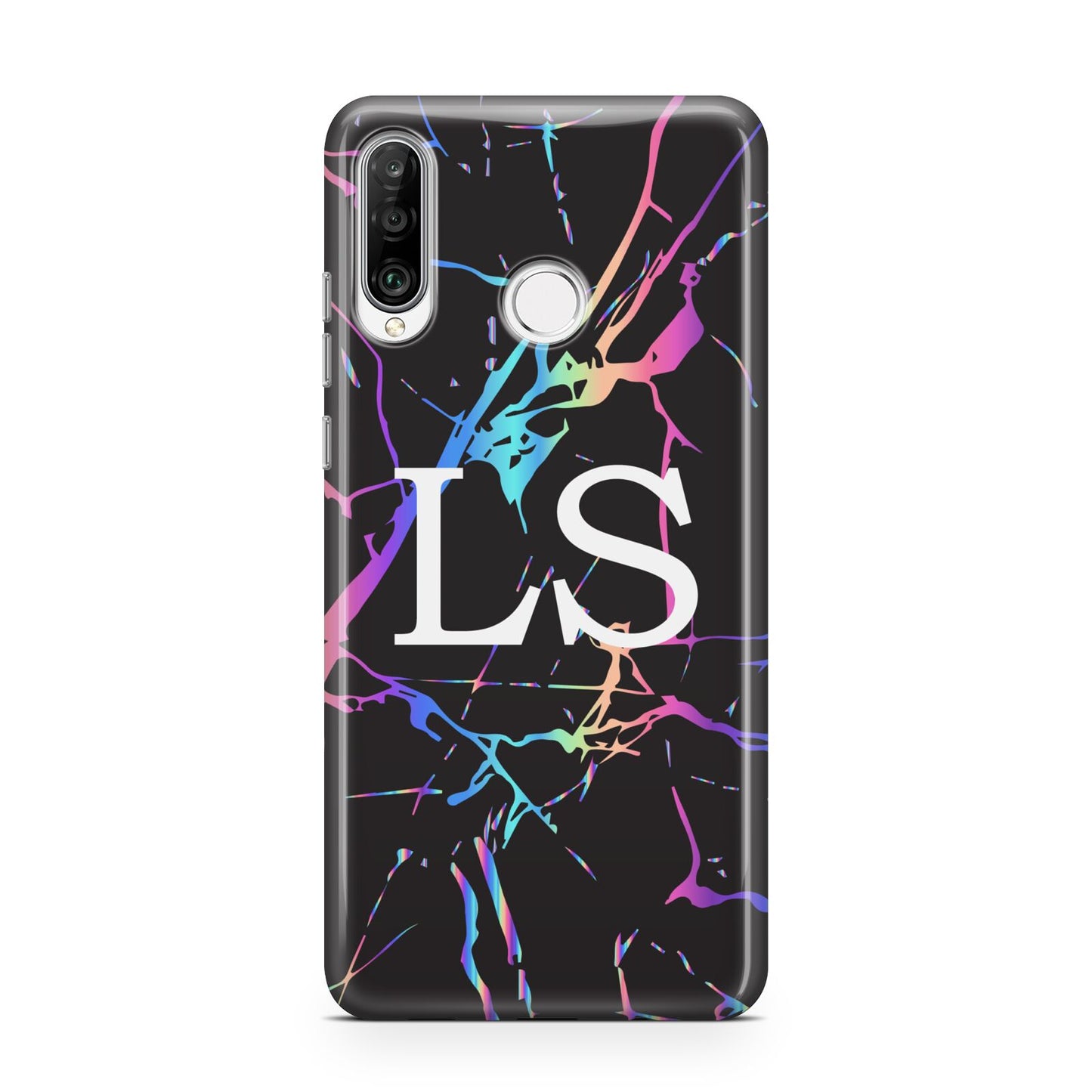 Personalised Black Holographic Marble Initials Huawei P30 Lite Phone Case