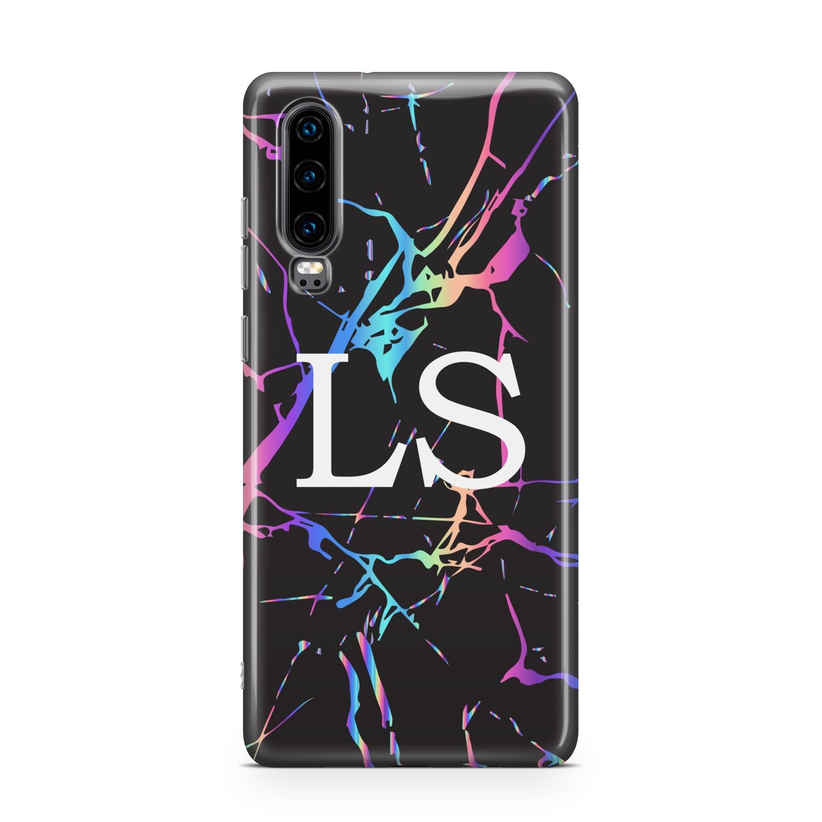 Personalised Black Holographic Marble Initials Huawei P30 Phone Case