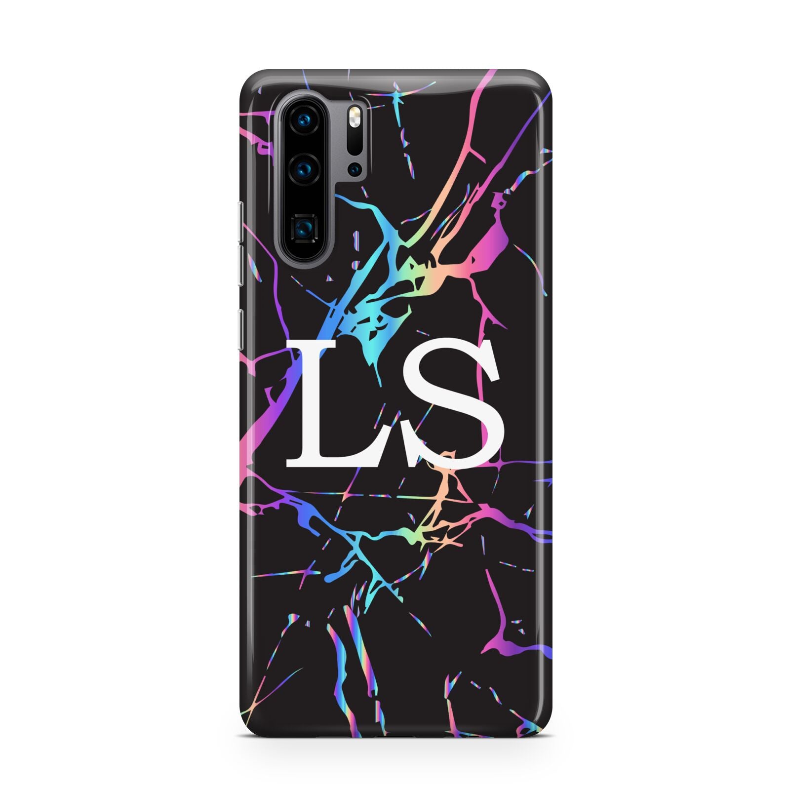 Personalised Black Holographic Marble Initials Huawei P30 Pro Phone Case