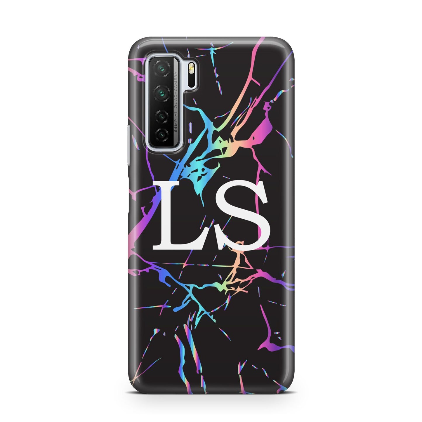 Personalised Black Holographic Marble Initials Huawei P40 Lite 5G Phone Case