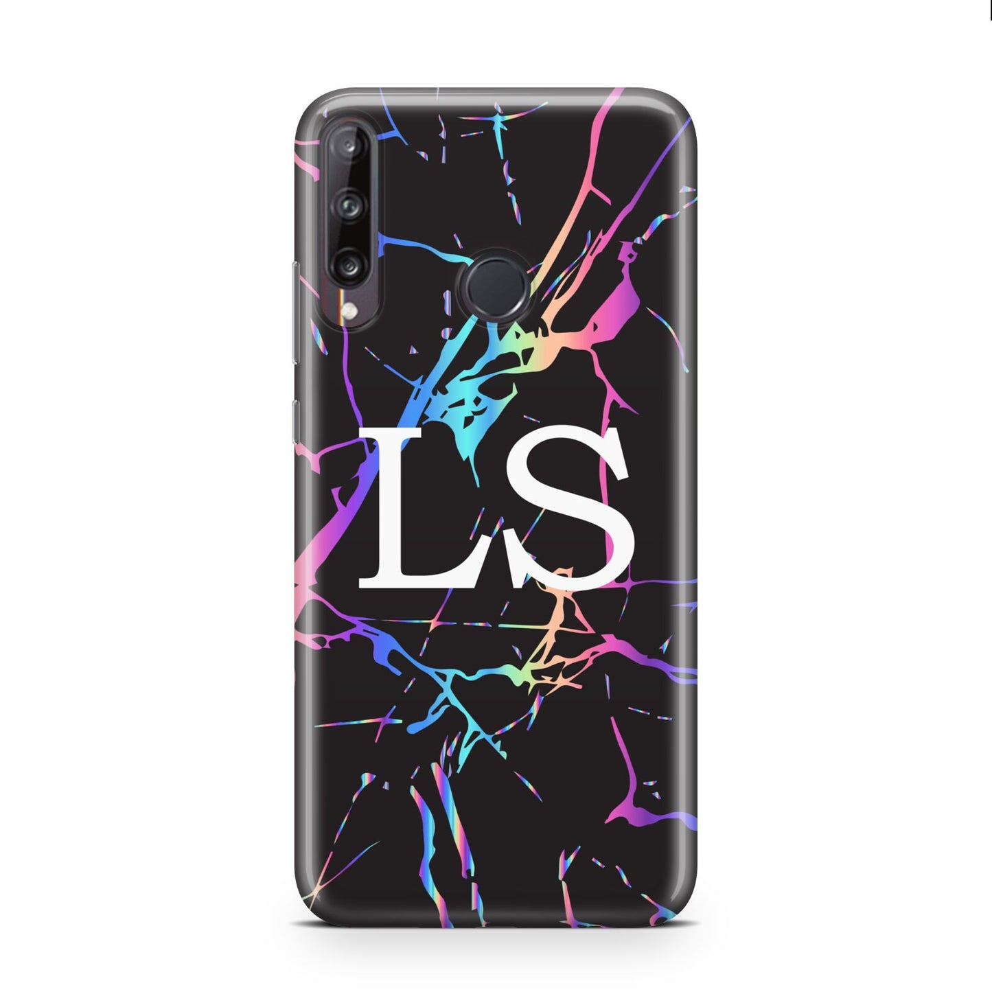 Personalised Black Holographic Marble Initials Huawei P40 Lite E Phone Case