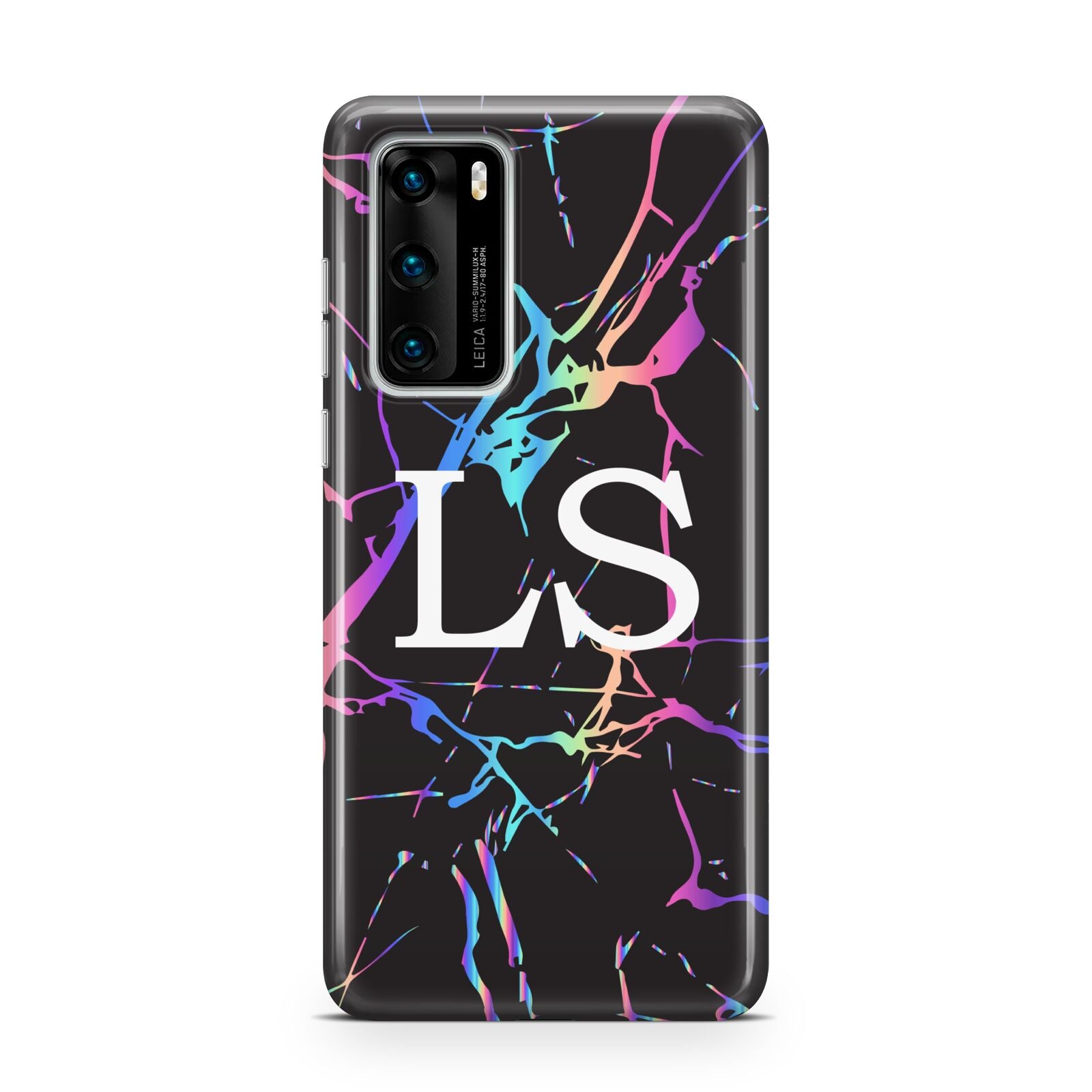 Personalised Black Holographic Marble Initials Huawei P40 Phone Case