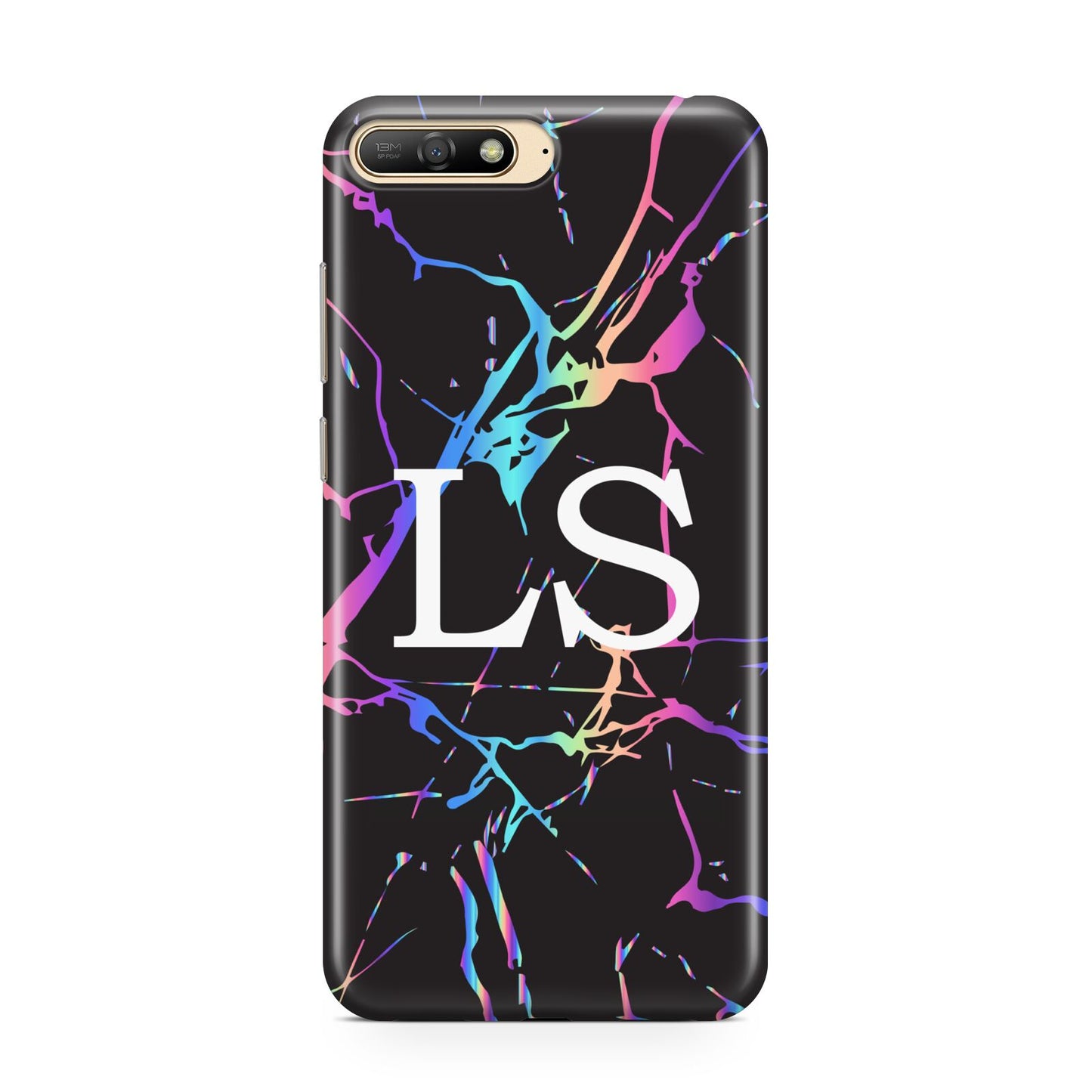 Personalised Black Holographic Marble Initials Huawei Y6 2018