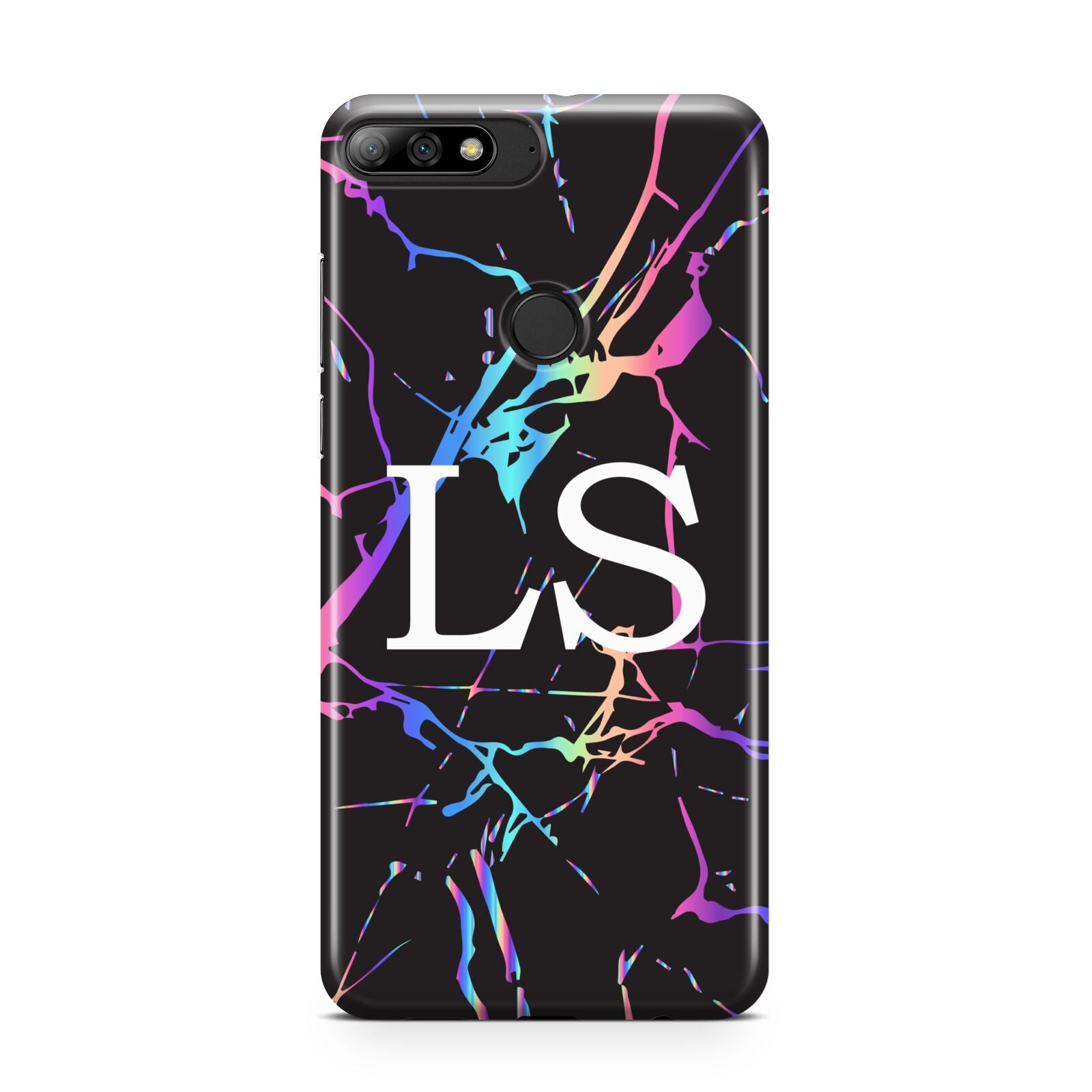 Personalised Black Holographic Marble Initials Huawei Y7 2018