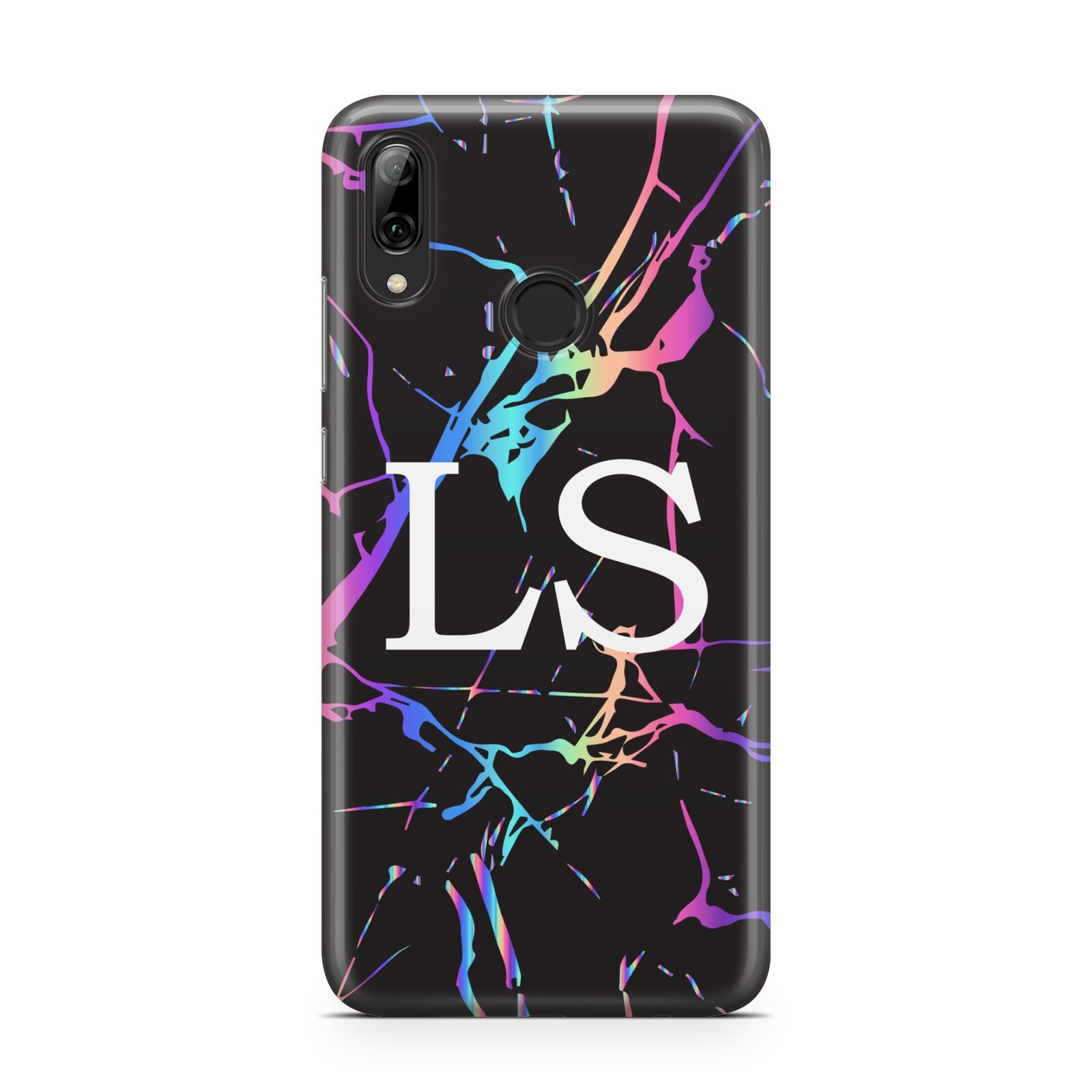 Personalised Black Holographic Marble Initials Huawei Y7 2019