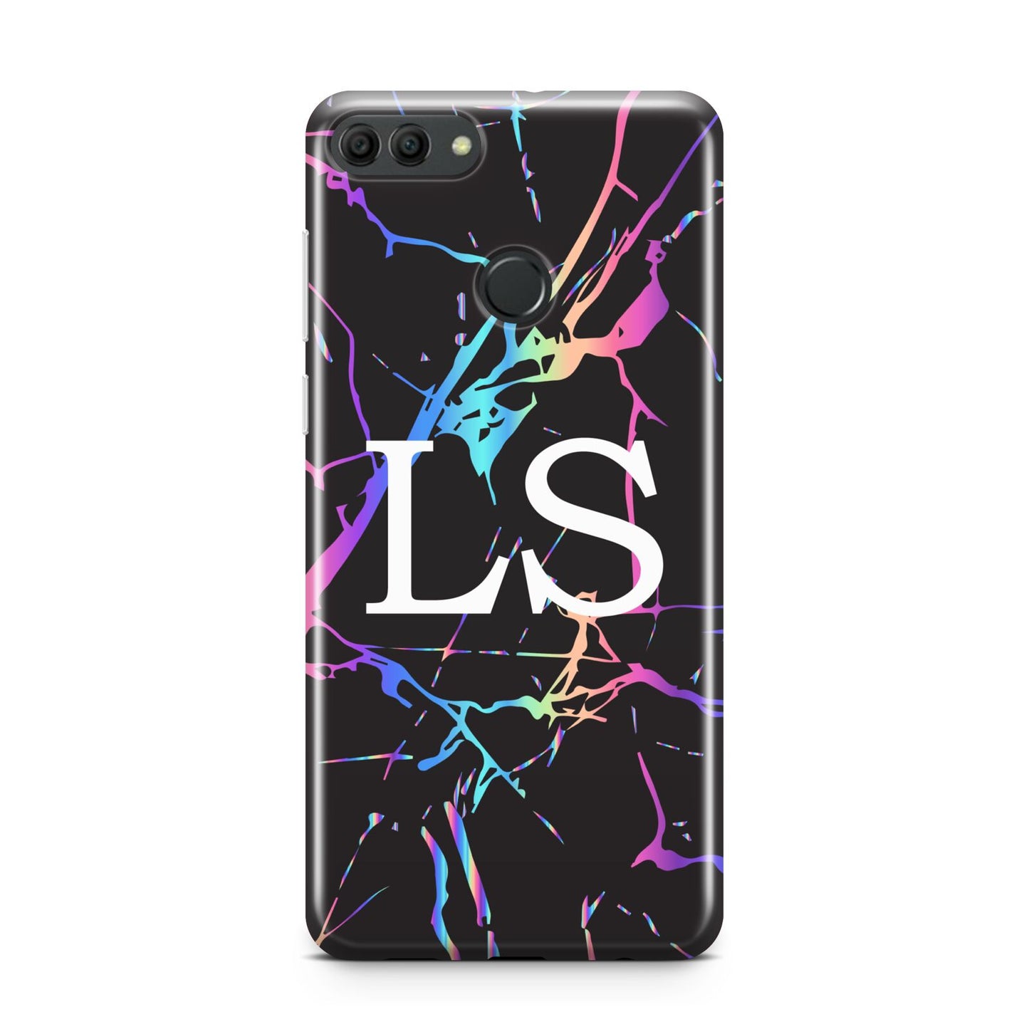 Personalised Black Holographic Marble Initials Huawei Y9 2018