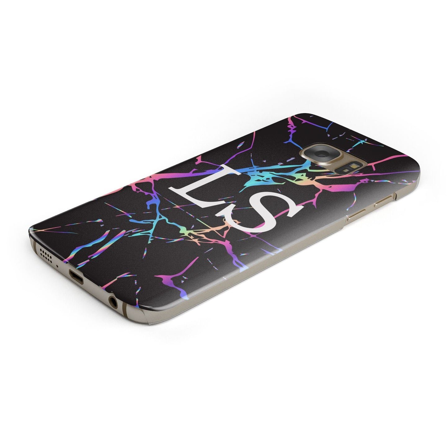 Personalised Black Holographic Marble Initials Protective Samsung Galaxy Case Angled Image