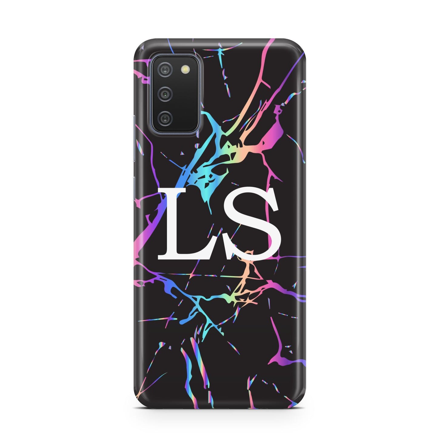 Personalised Black Holographic Marble Initials Samsung A02s Case