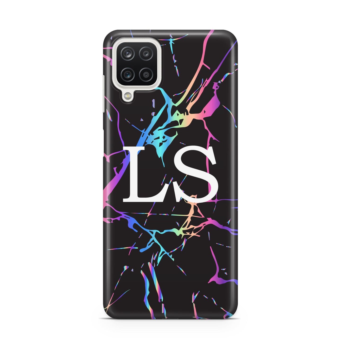 Personalised Black Holographic Marble Initials Samsung A12 Case