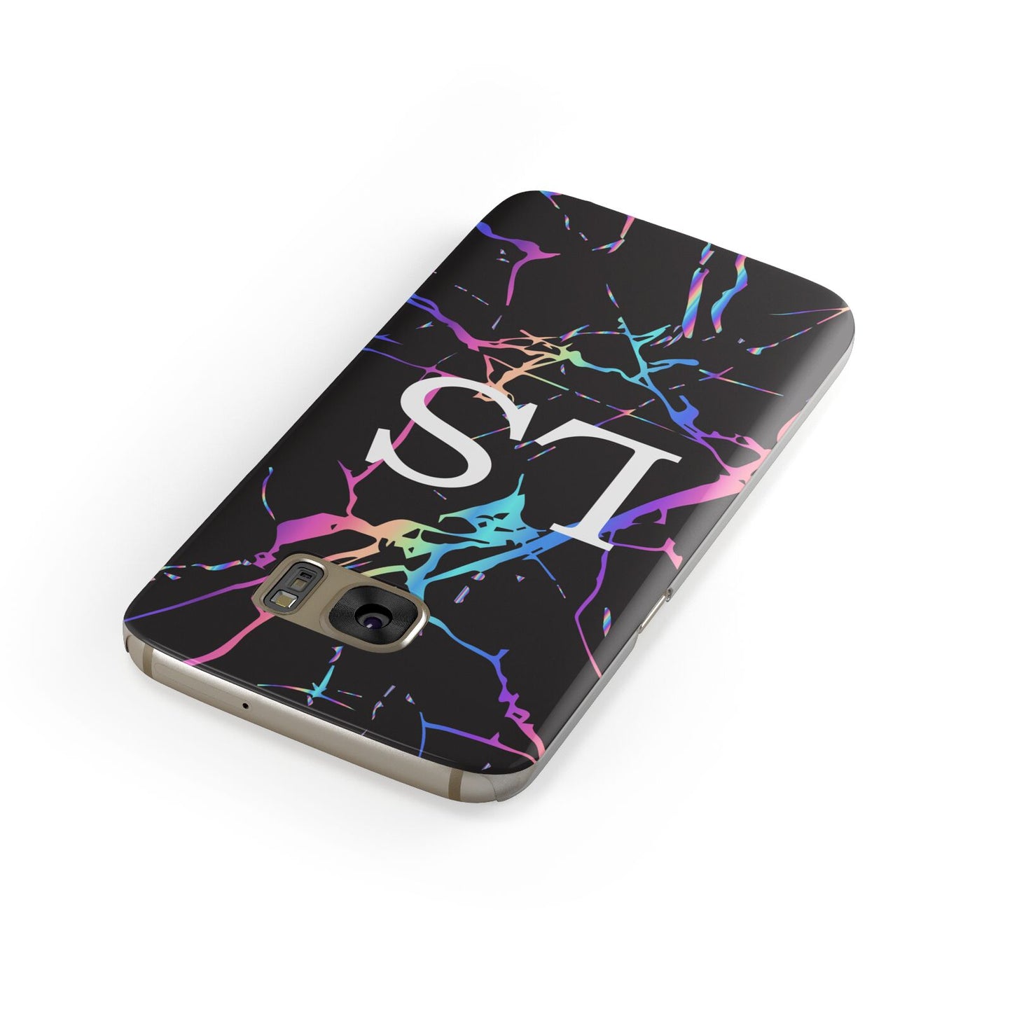 Personalised Black Holographic Marble Initials Samsung Galaxy Case Front Close Up