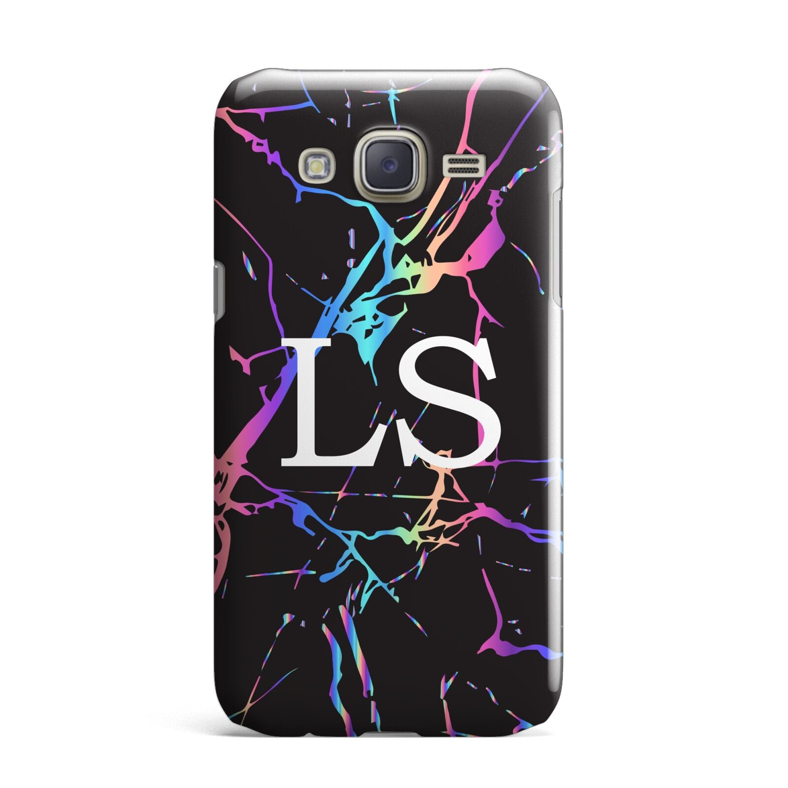 Personalised Black Holographic Marble Initials Samsung Galaxy J7 Case