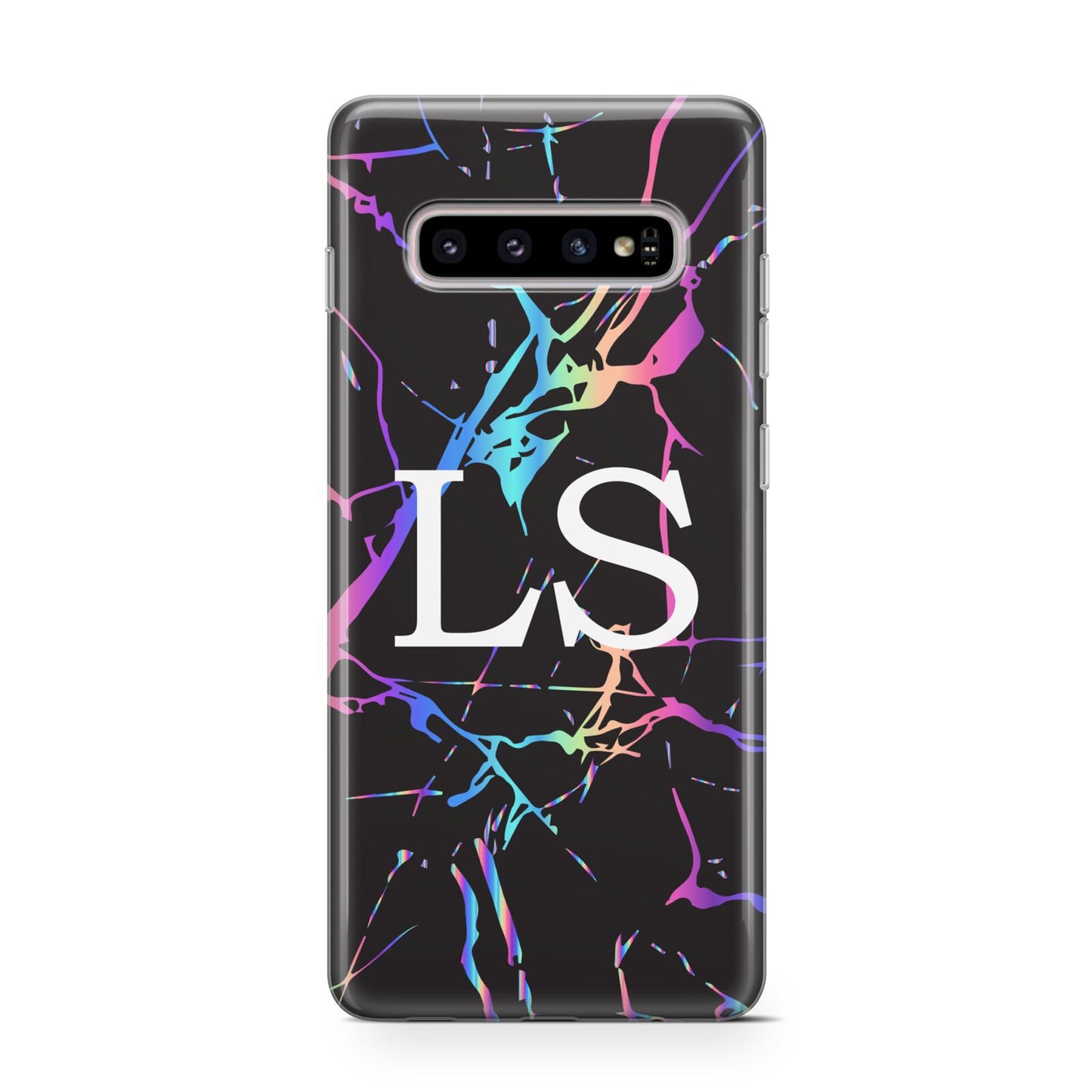 Personalised Black Holographic Marble Initials Samsung Galaxy S10 Case