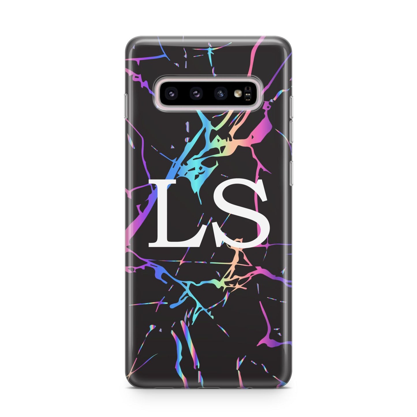 Personalised Black Holographic Marble Initials Samsung Galaxy S10 Plus Case