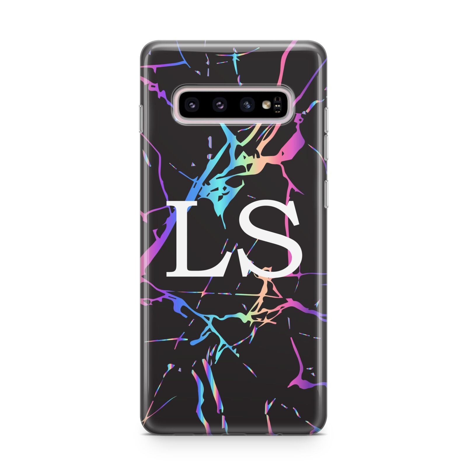 Personalised Black Holographic Marble Initials Samsung Galaxy S10 Plus Case