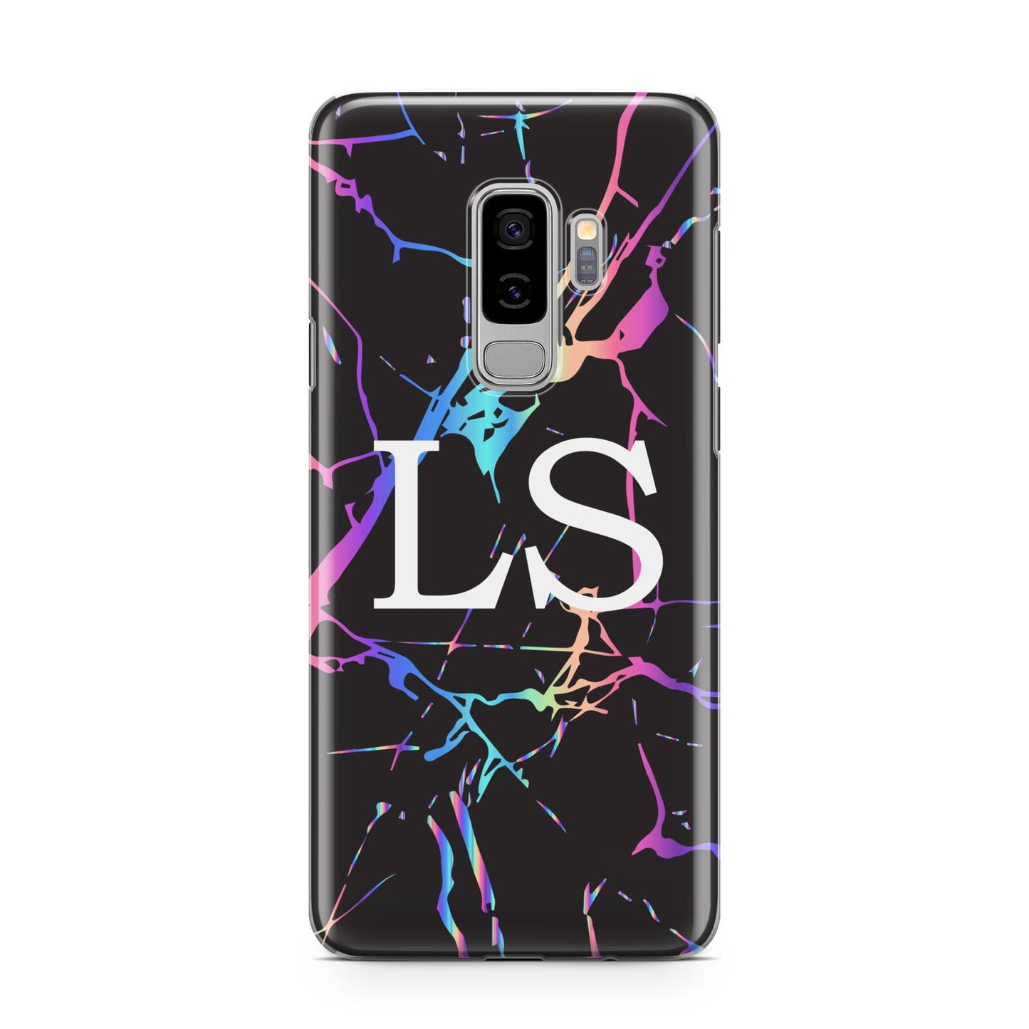 Personalised Black Holographic Marble Initials Samsung Galaxy S9 Plus Case on Silver phone