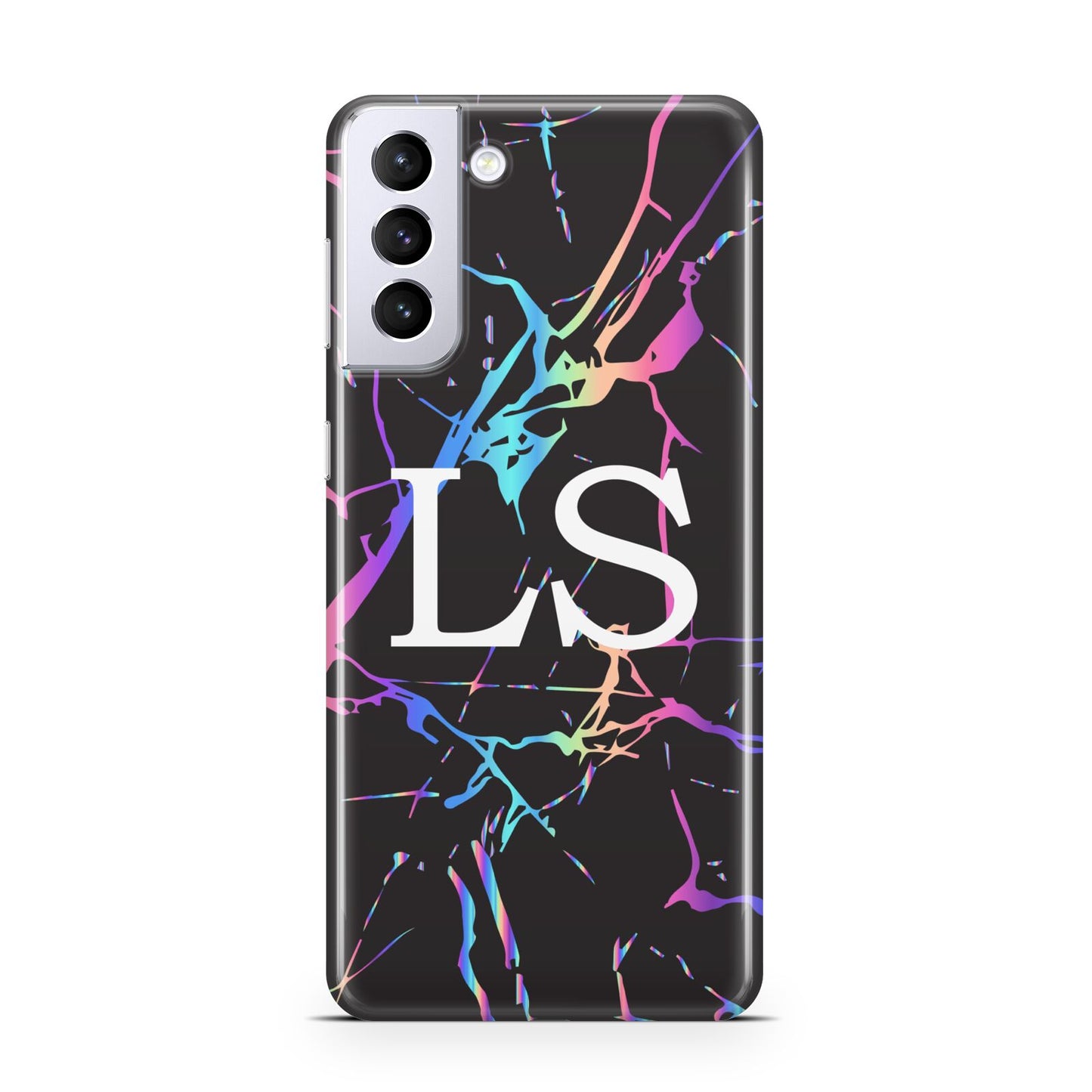 Personalised Black Holographic Marble Initials Samsung S21 Plus Case