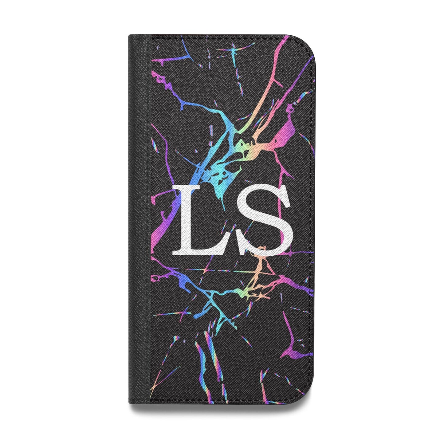 Personalised Black Holographic Marble Initials Vegan Leather Flip iPhone Case