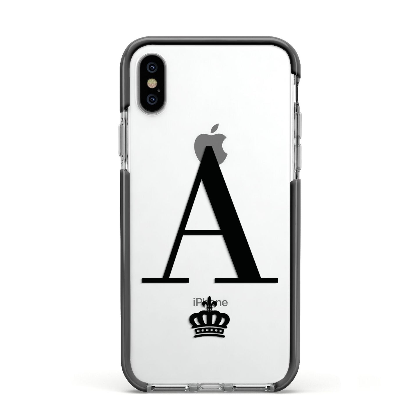 Personalised Black Initial Crown Clear Apple iPhone Xs Impact Case Black Edge on Silver Phone