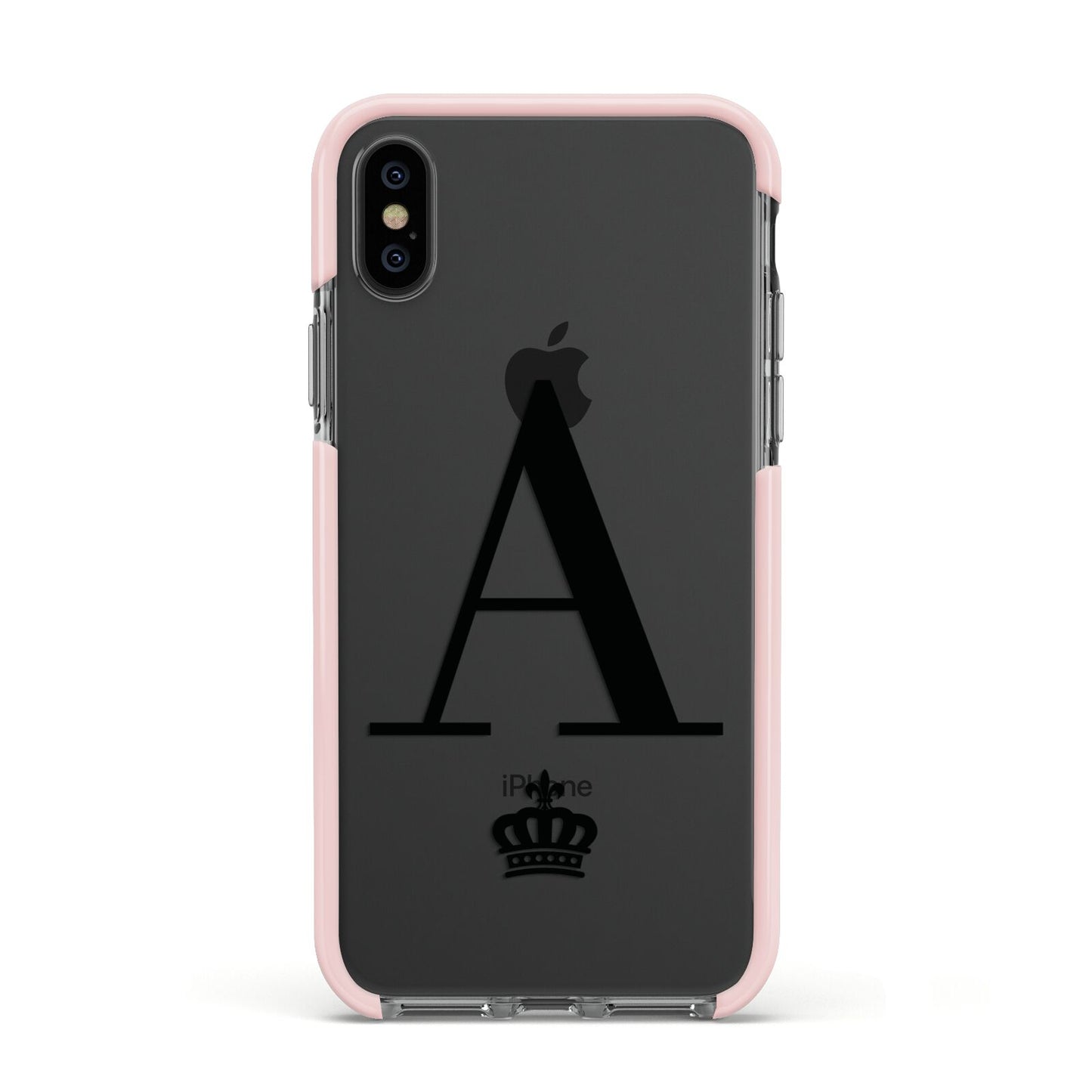 Personalised Black Initial Crown Clear Apple iPhone Xs Impact Case Pink Edge on Black Phone