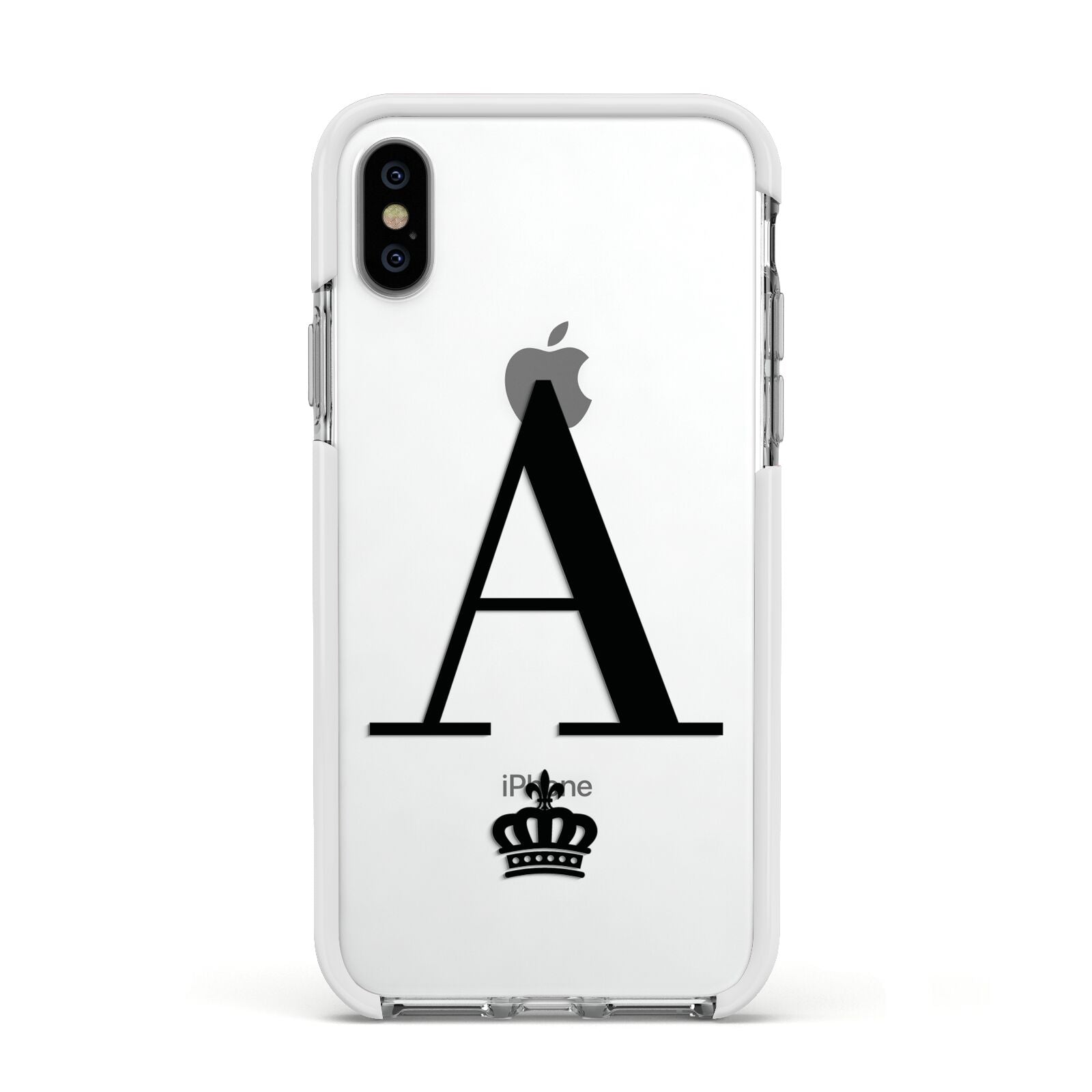 Personalised Black Initial Crown Clear Apple iPhone Xs Impact Case White Edge on Silver Phone