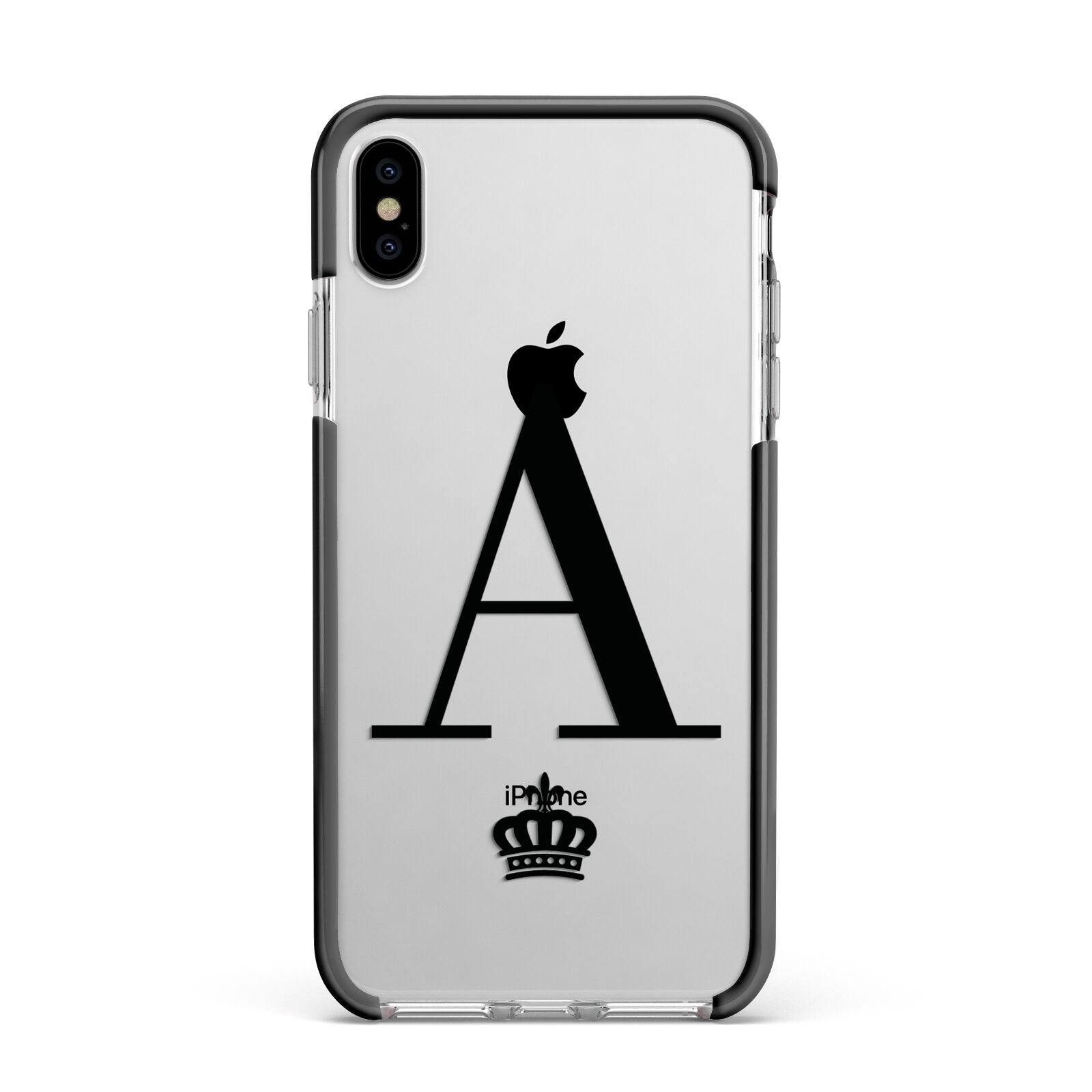 Personalised Black Initial Crown Clear Apple iPhone Xs Max Impact Case Black Edge on Silver Phone