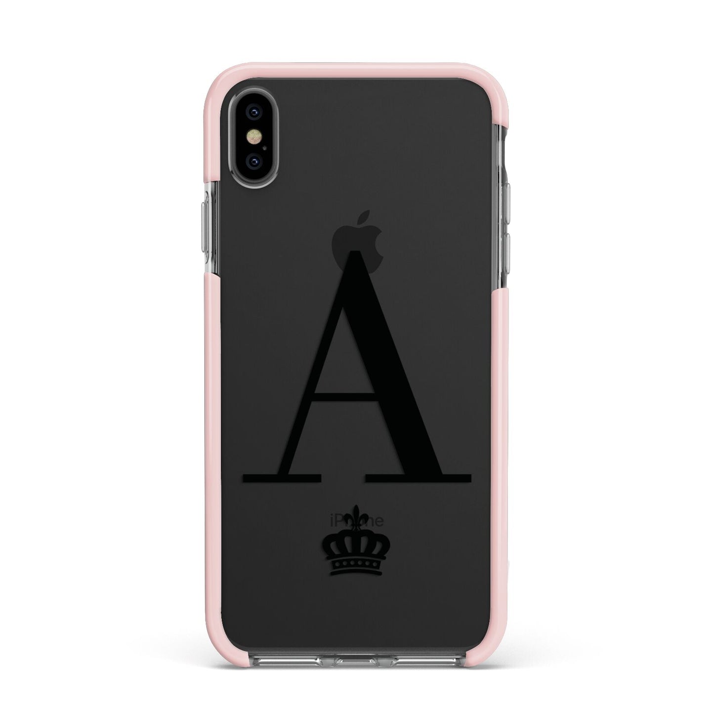 Personalised Black Initial Crown Clear Apple iPhone Xs Max Impact Case Pink Edge on Black Phone