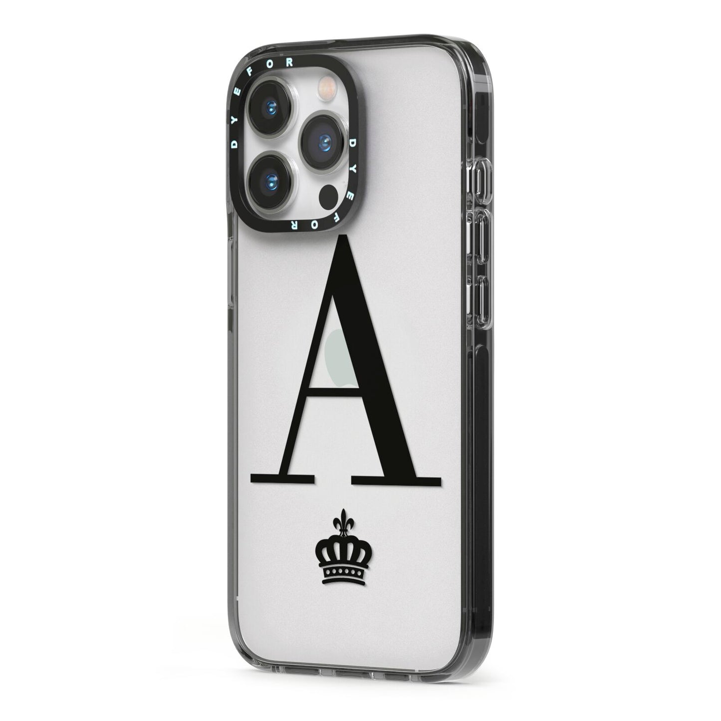 Personalised Black Initial Crown Clear iPhone 13 Pro Black Impact Case Side Angle on Silver phone