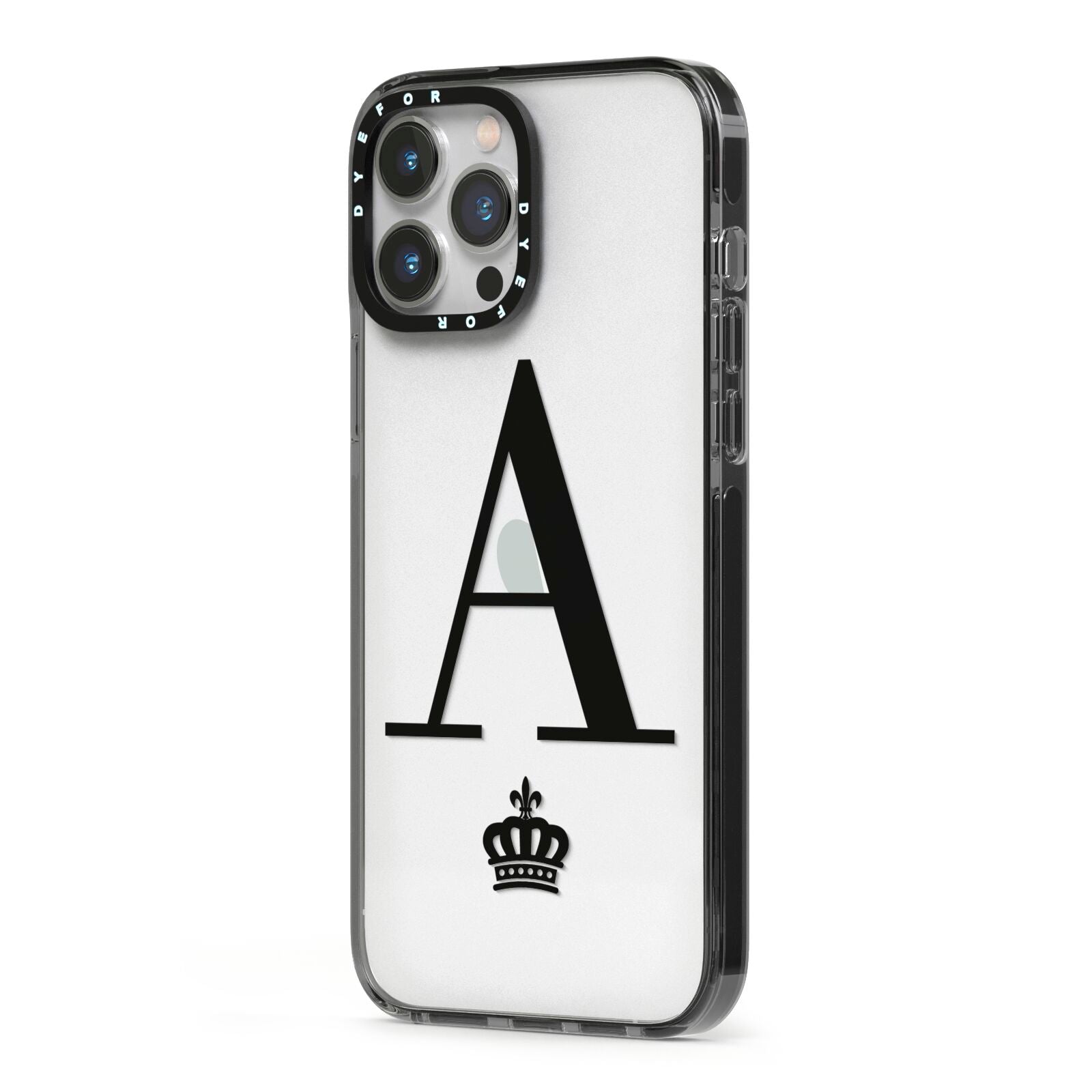 Personalised Black Initial Crown Clear iPhone 13 Pro Max Black Impact Case Side Angle on Silver phone