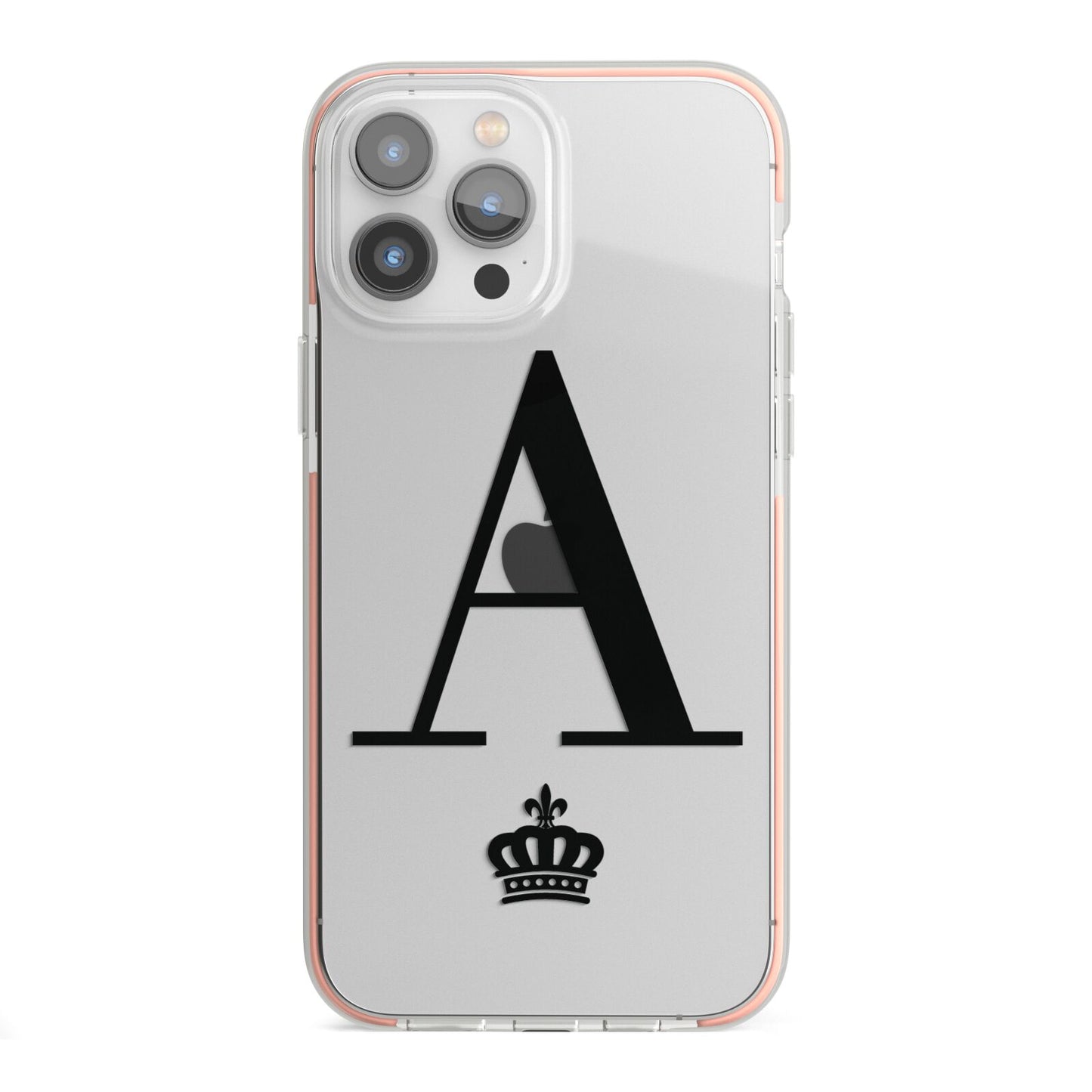 Personalised Black Initial Crown Clear iPhone 13 Pro Max TPU Impact Case with Pink Edges