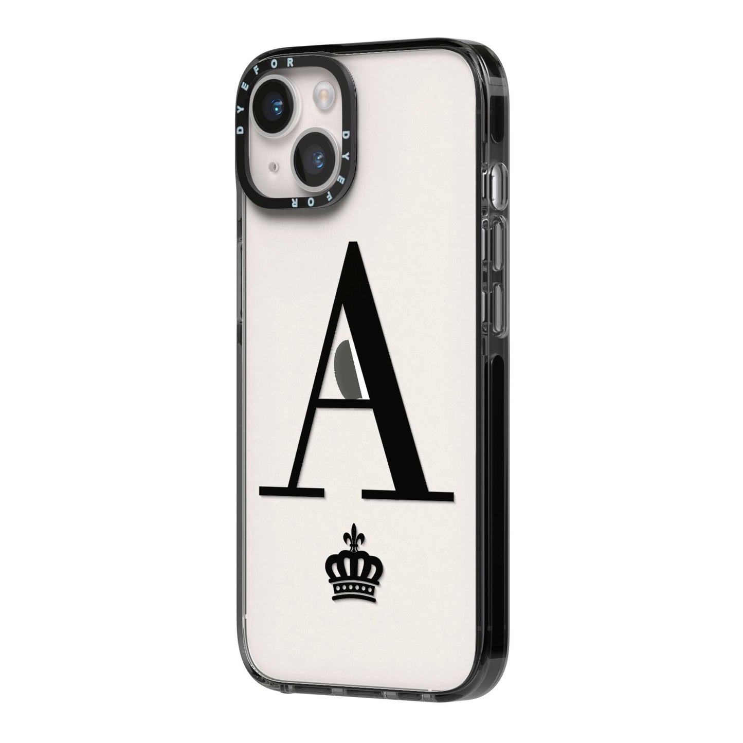 Personalised Black Initial Crown Clear iPhone 14 Black Impact Case Side Angle on Silver phone