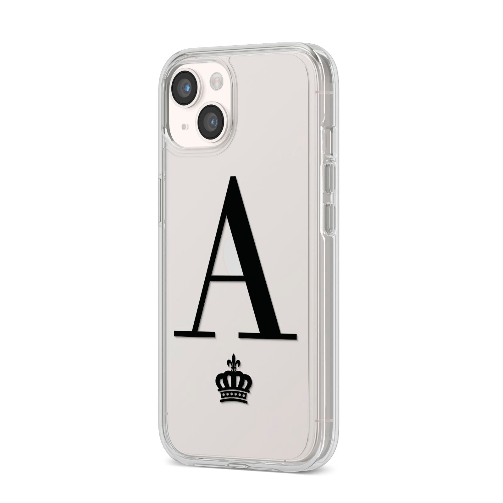 Personalised Black Initial Crown Clear iPhone 14 Clear Tough Case Starlight Angled Image