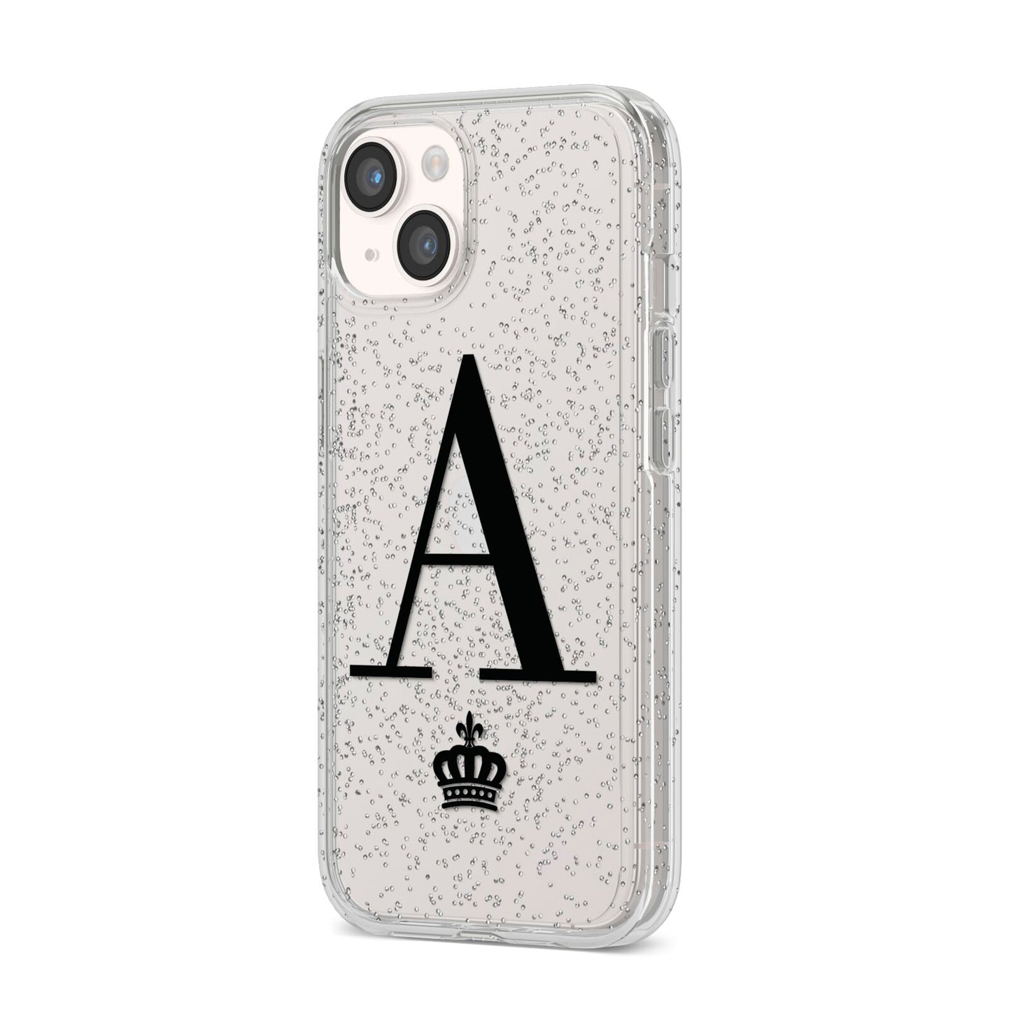 Personalised Black Initial Crown Clear iPhone 14 Glitter Tough Case Starlight Angled Image