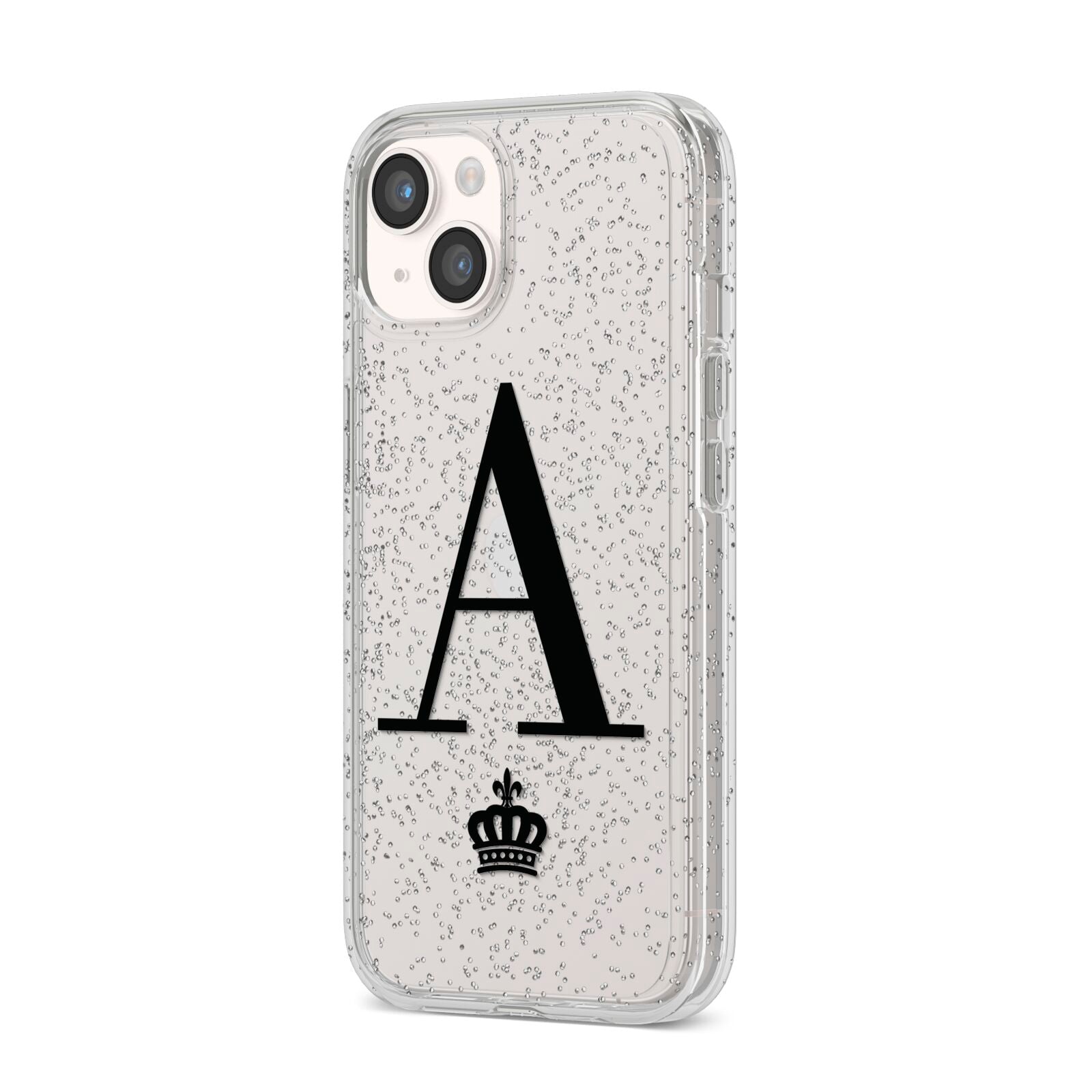 Personalised Black Initial Crown Clear iPhone 14 Glitter Tough Case Starlight Angled Image