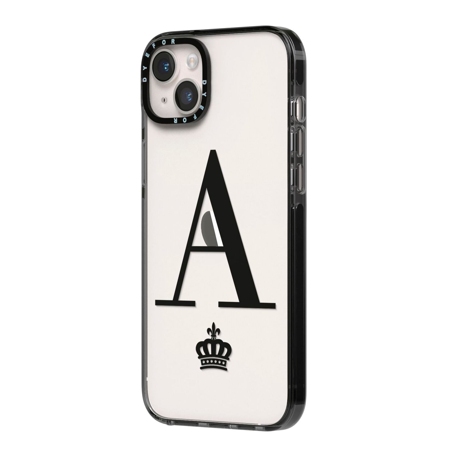 Personalised Black Initial Crown Clear iPhone 14 Plus Black Impact Case Side Angle on Silver phone